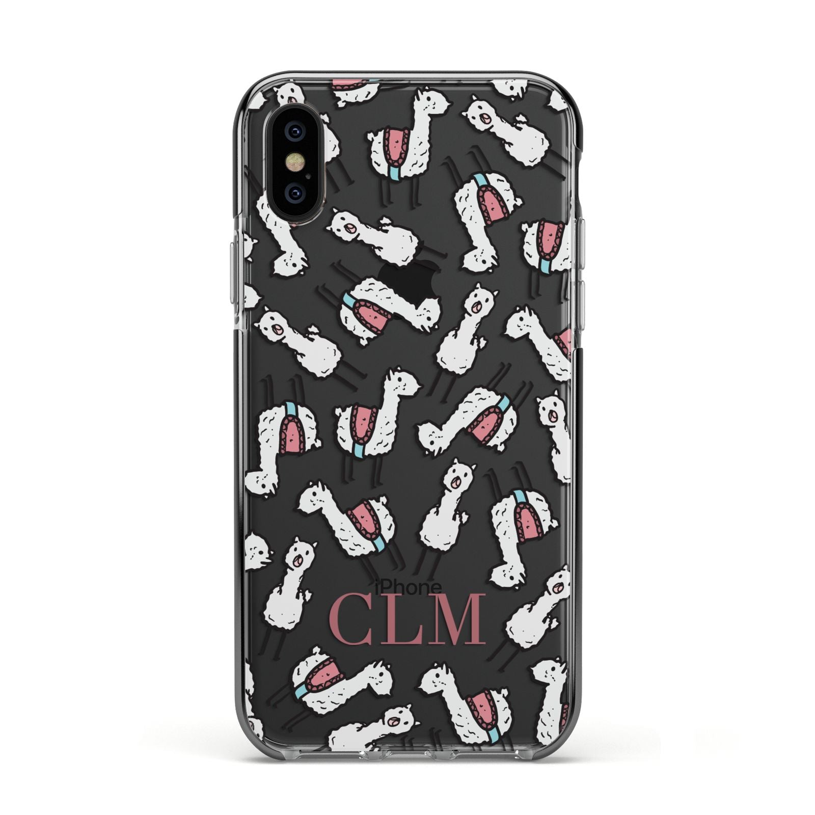 Personalised Llama Initials Monogram Apple iPhone Xs Impact Case Black Edge on Black Phone