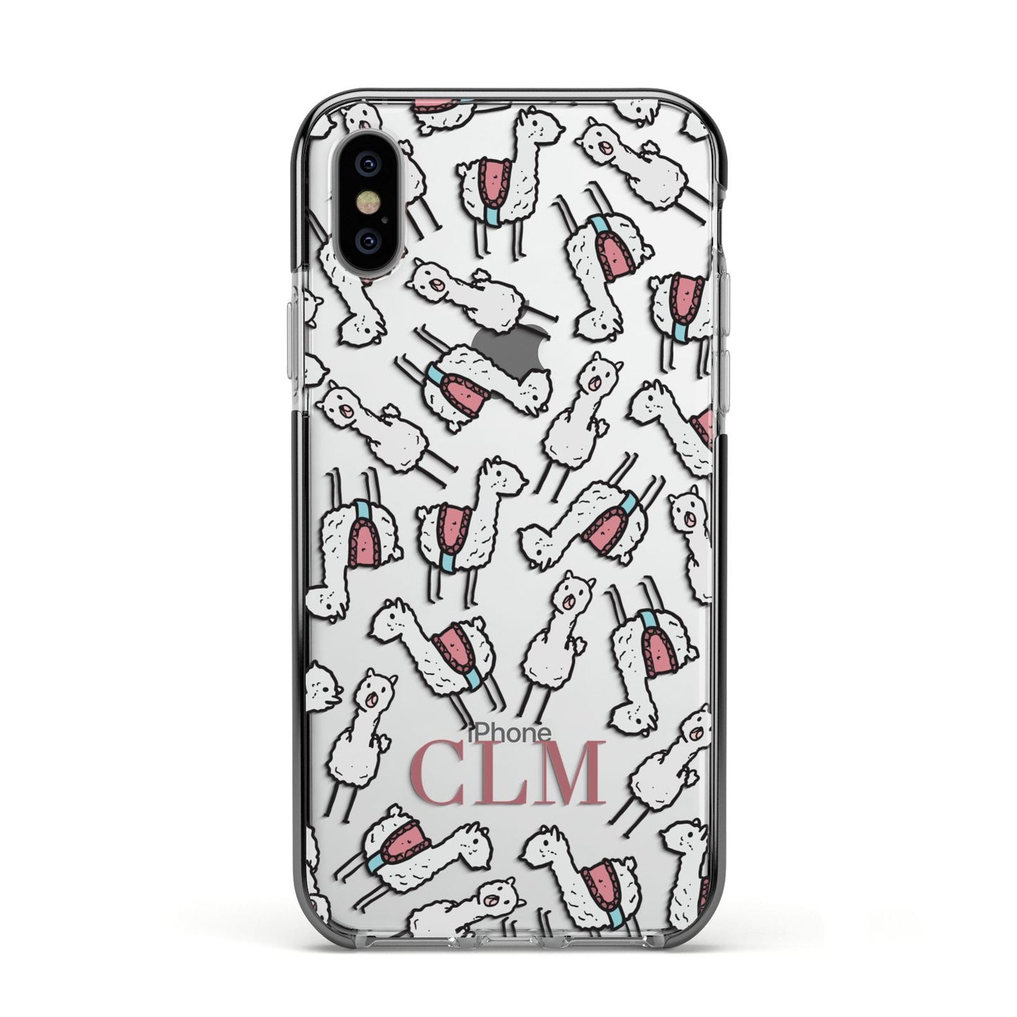 Personalised Llama Initials Monogram Apple iPhone Xs Impact Case Black Edge on Silver Phone