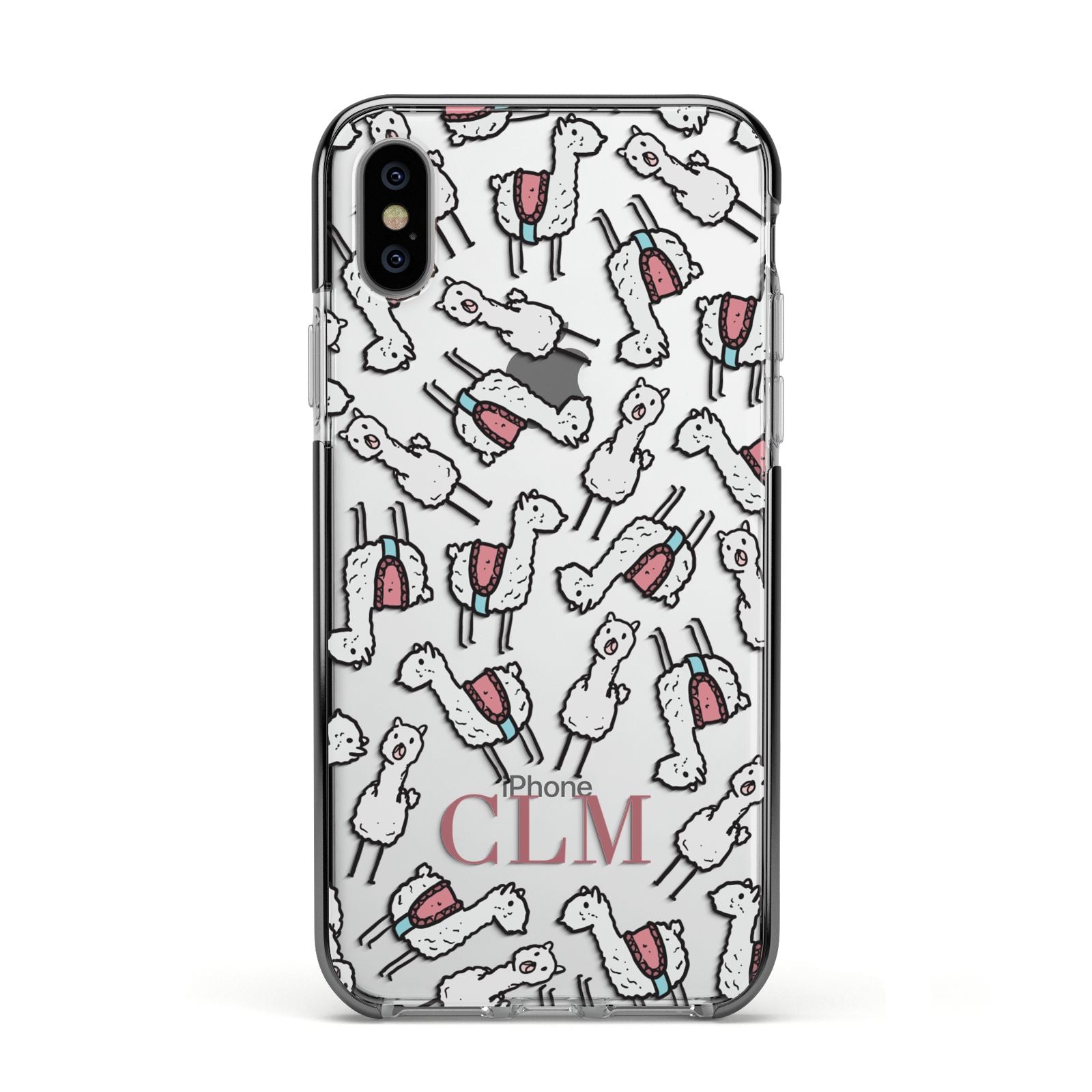 Personalised Llama Initials Monogram Apple iPhone Xs Impact Case Black Edge on Silver Phone