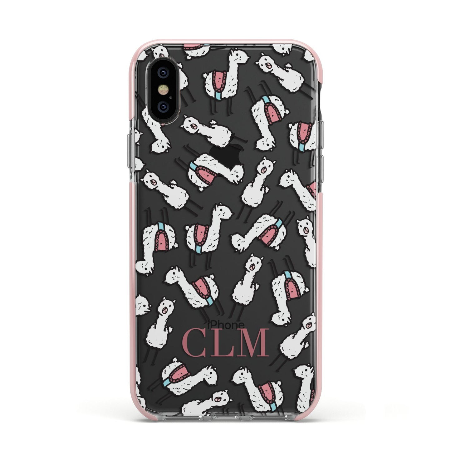 Personalised Llama Initials Monogram Apple iPhone Xs Impact Case Pink Edge on Black Phone