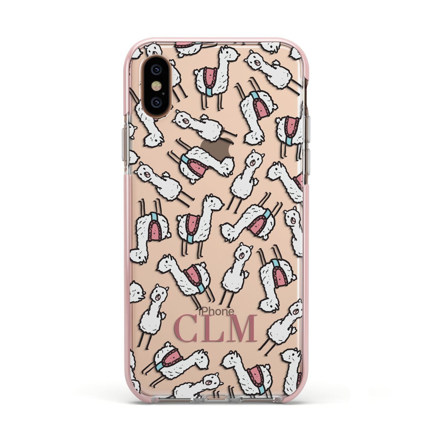Personalised Llama Initials Monogram Apple iPhone Xs Impact Case Pink Edge on Gold Phone