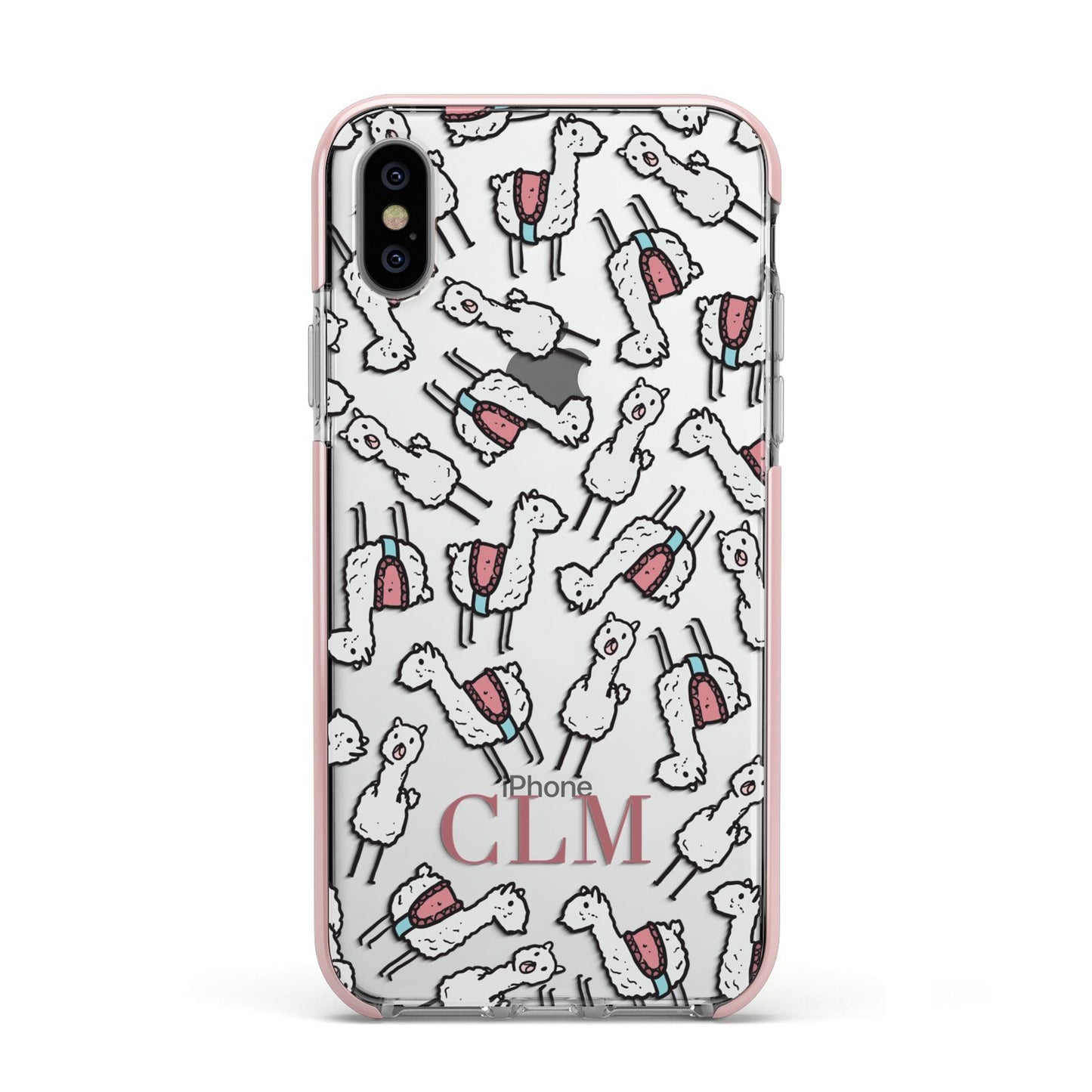 Personalised Llama Initials Monogram Apple iPhone Xs Impact Case Pink Edge on Silver Phone