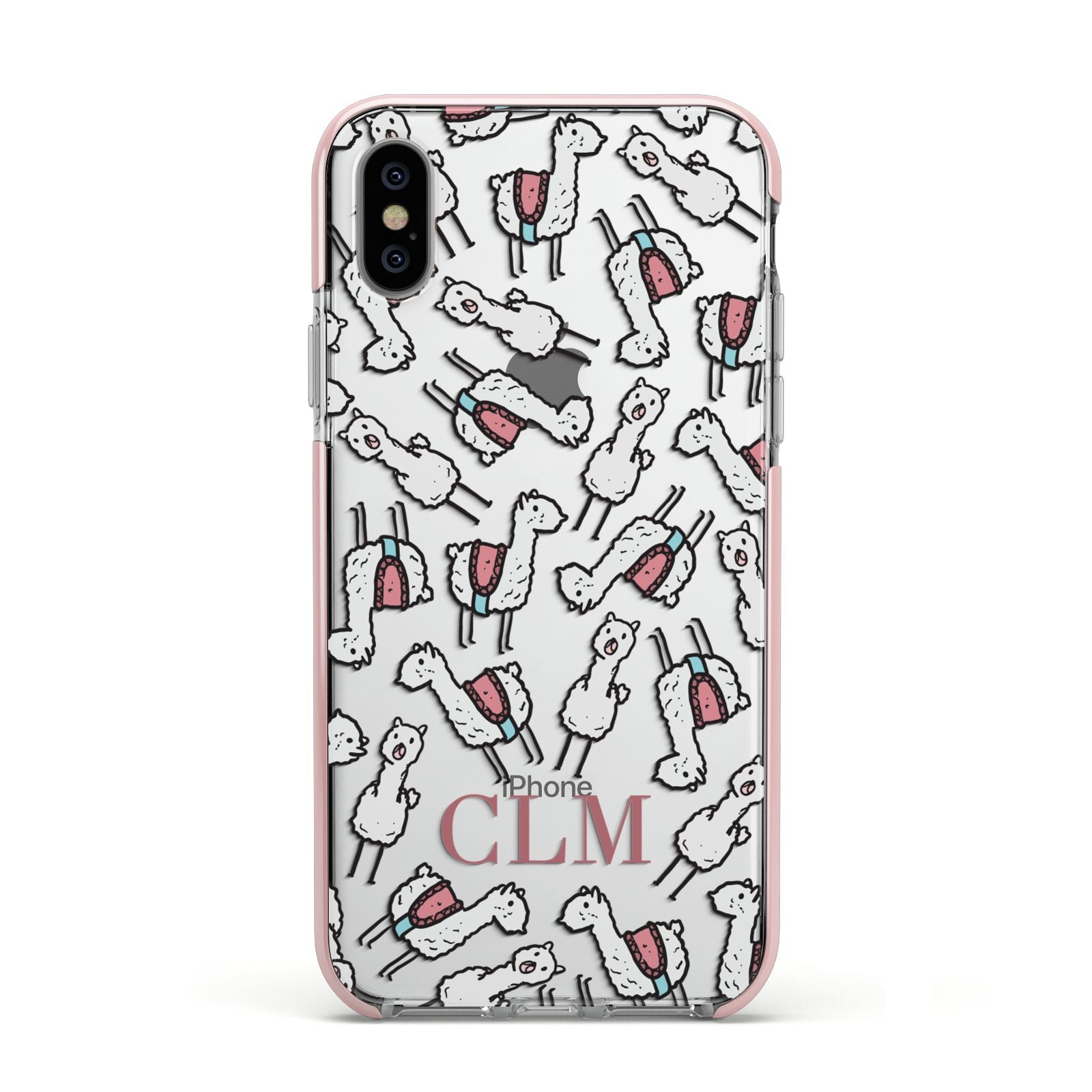 Personalised Llama Initials Monogram Apple iPhone Xs Impact Case Pink Edge on Silver Phone