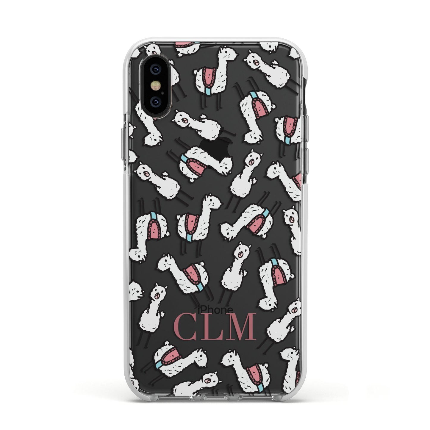 Personalised Llama Initials Monogram Apple iPhone Xs Impact Case White Edge on Black Phone