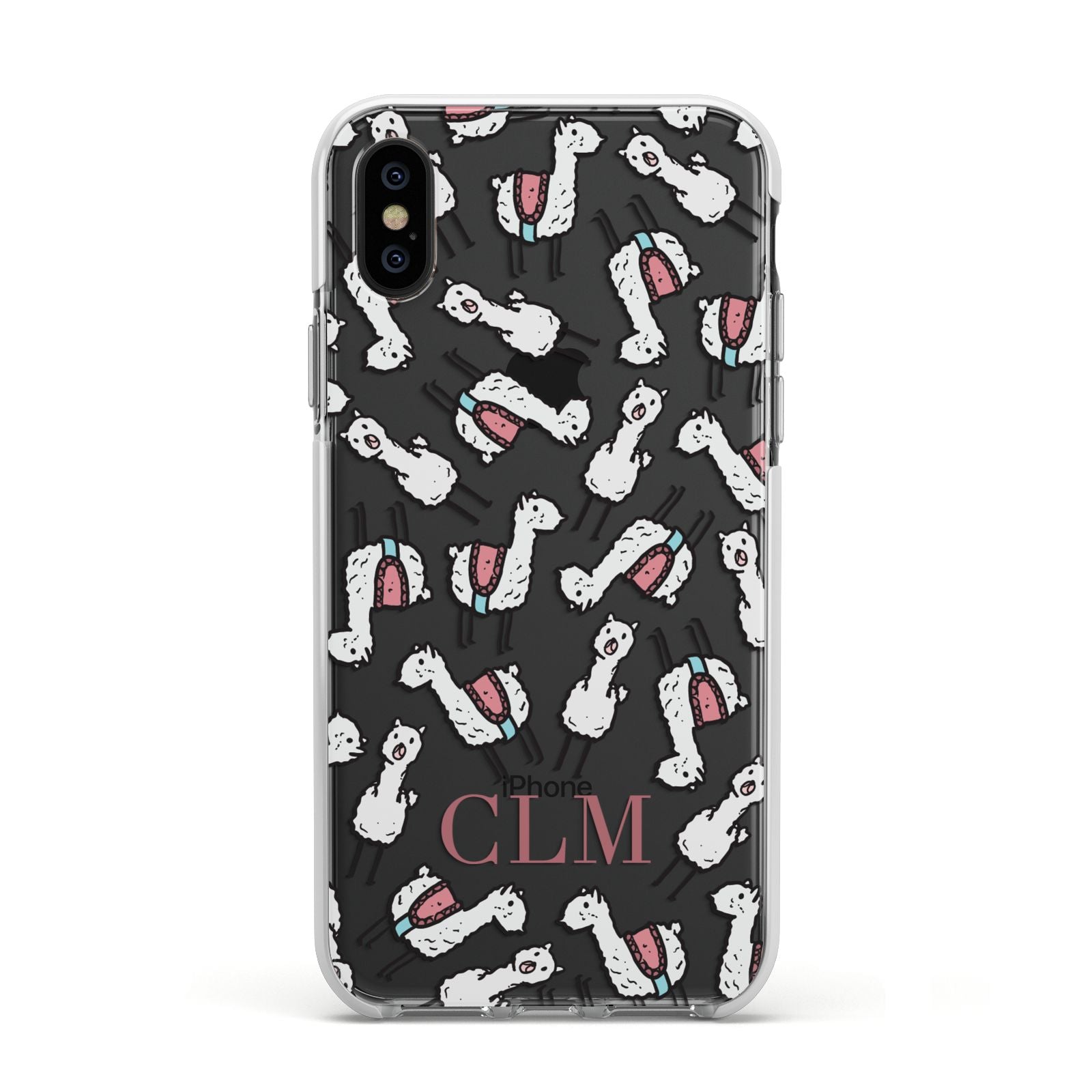 Personalised Llama Initials Monogram Apple iPhone Xs Impact Case White Edge on Black Phone