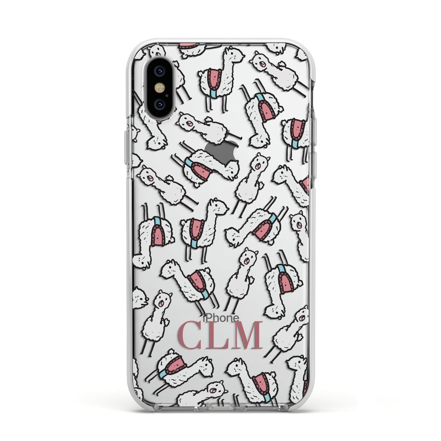 Personalised Llama Initials Monogram Apple iPhone Xs Impact Case White Edge on Silver Phone