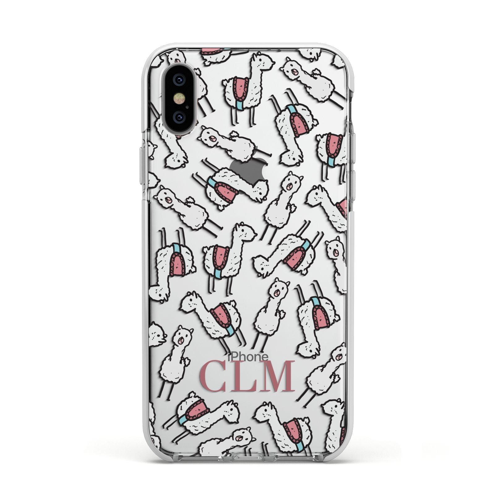 Personalised Llama Initials Monogram Apple iPhone Xs Impact Case White Edge on Silver Phone