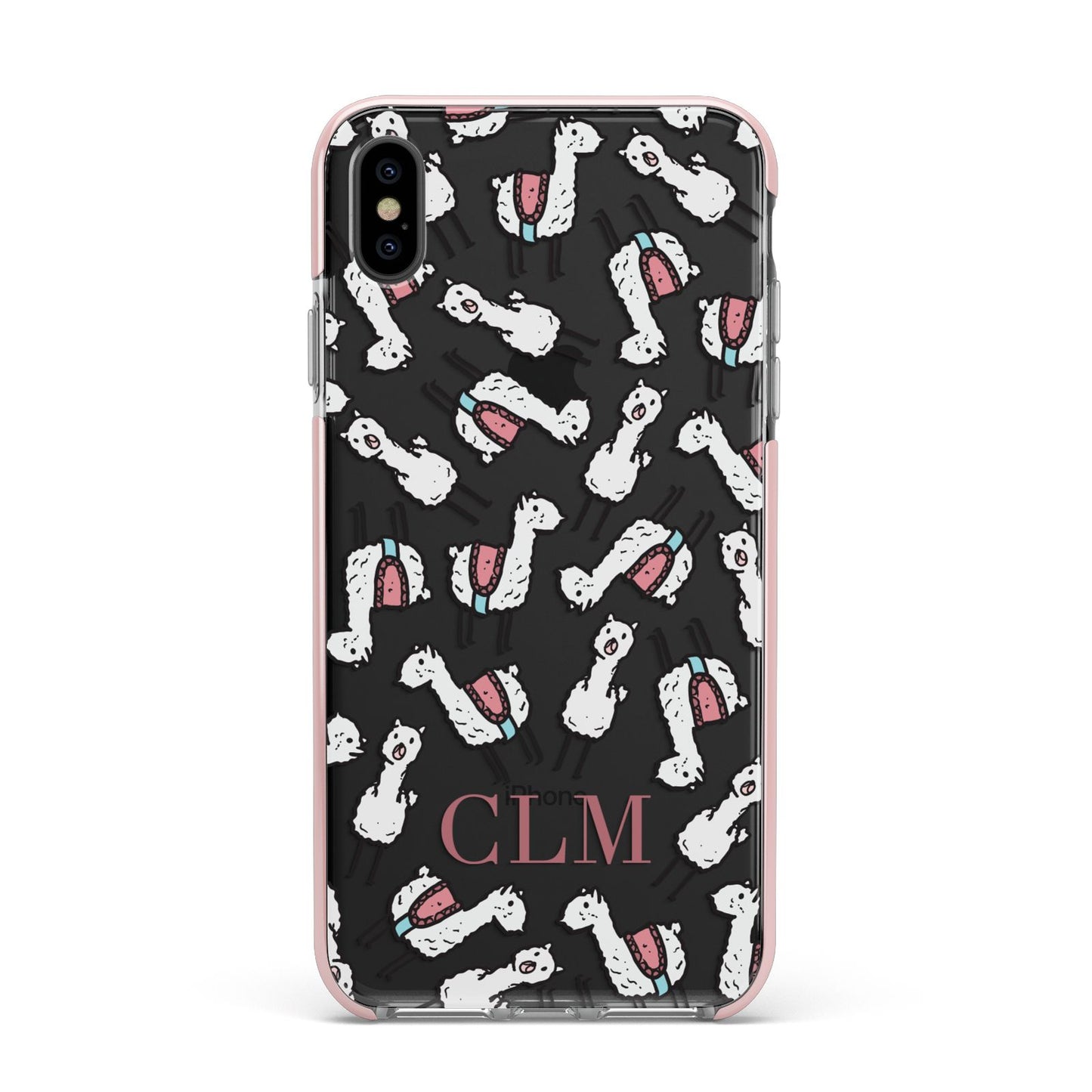 Personalised Llama Initials Monogram Apple iPhone Xs Max Impact Case Pink Edge on Black Phone
