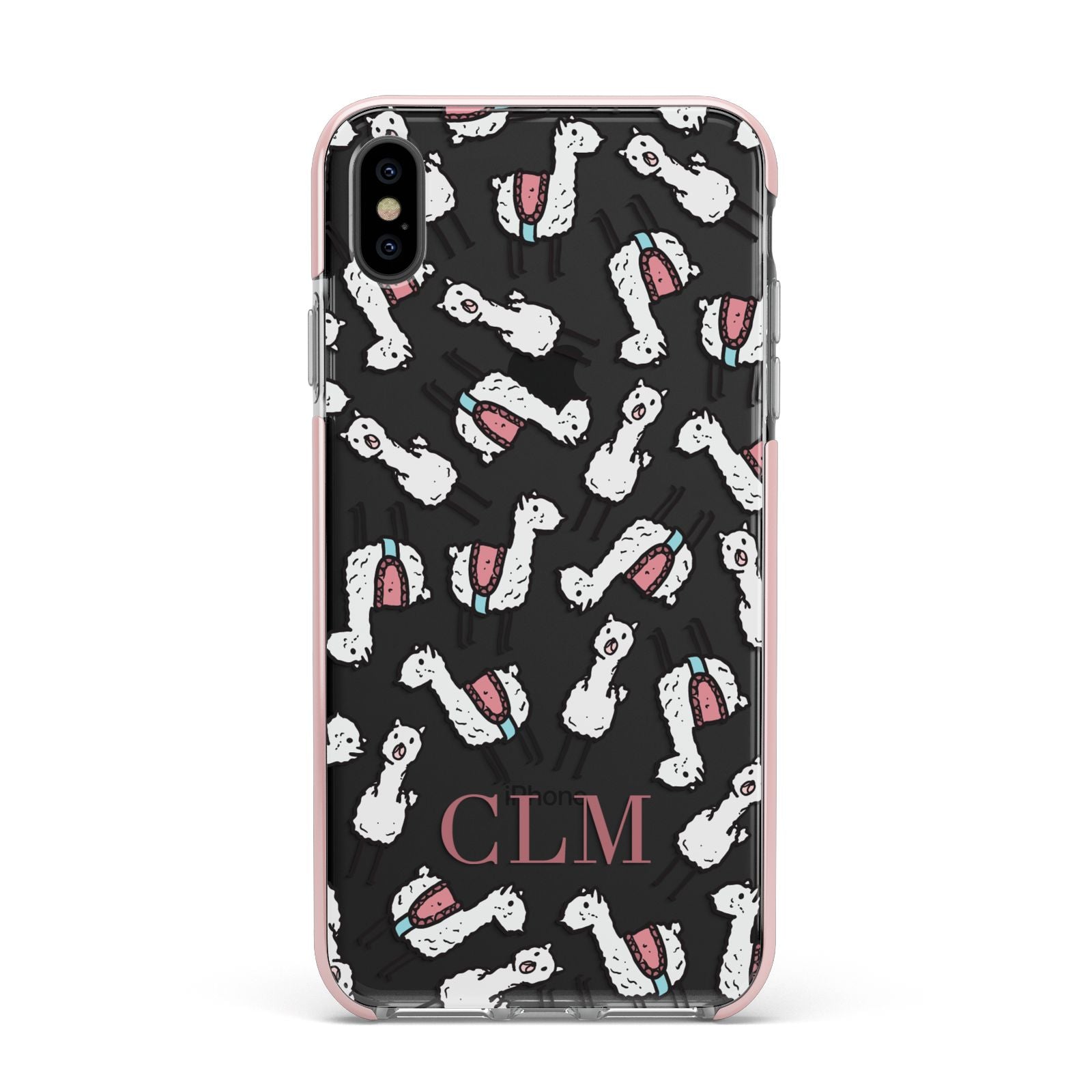 Personalised Llama Initials Monogram Apple iPhone Xs Max Impact Case Pink Edge on Black Phone