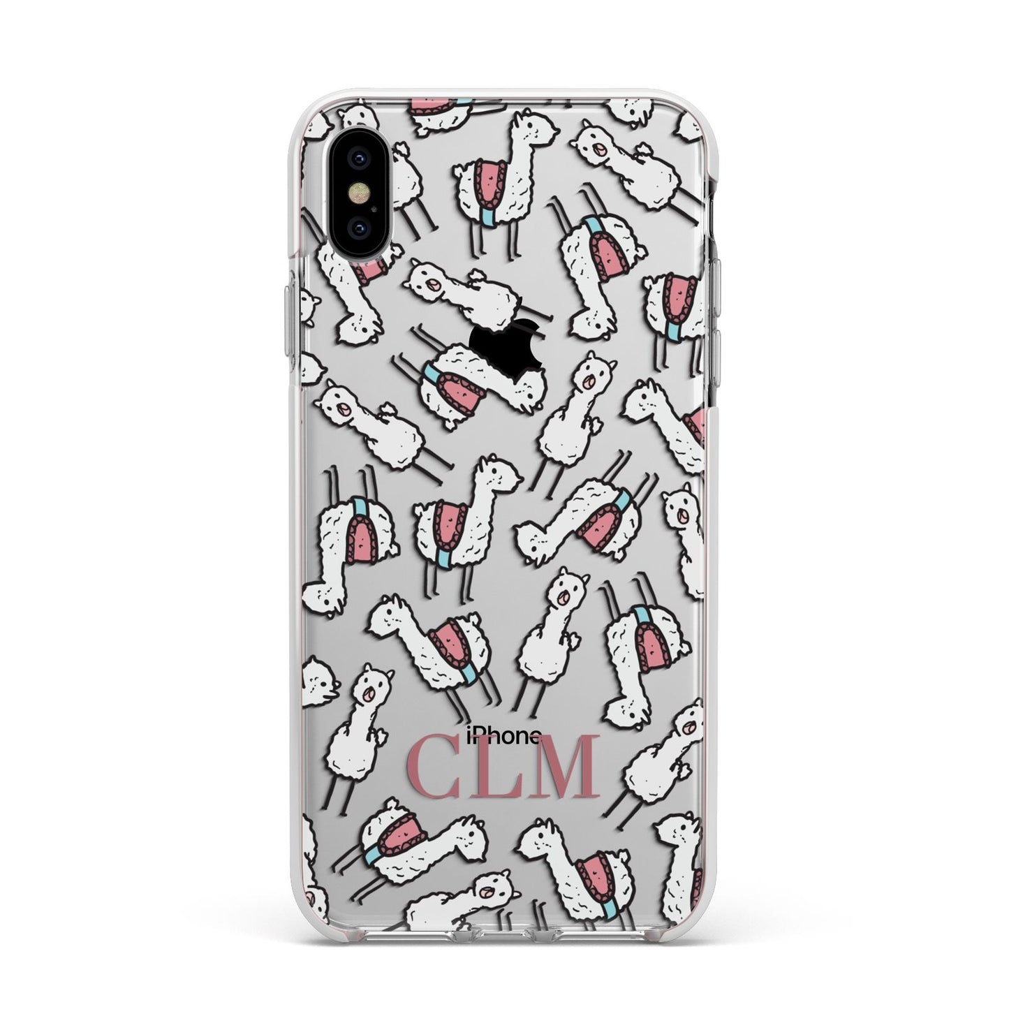 Personalised Llama Initials Monogram Apple iPhone Xs Max Impact Case White Edge on Silver Phone