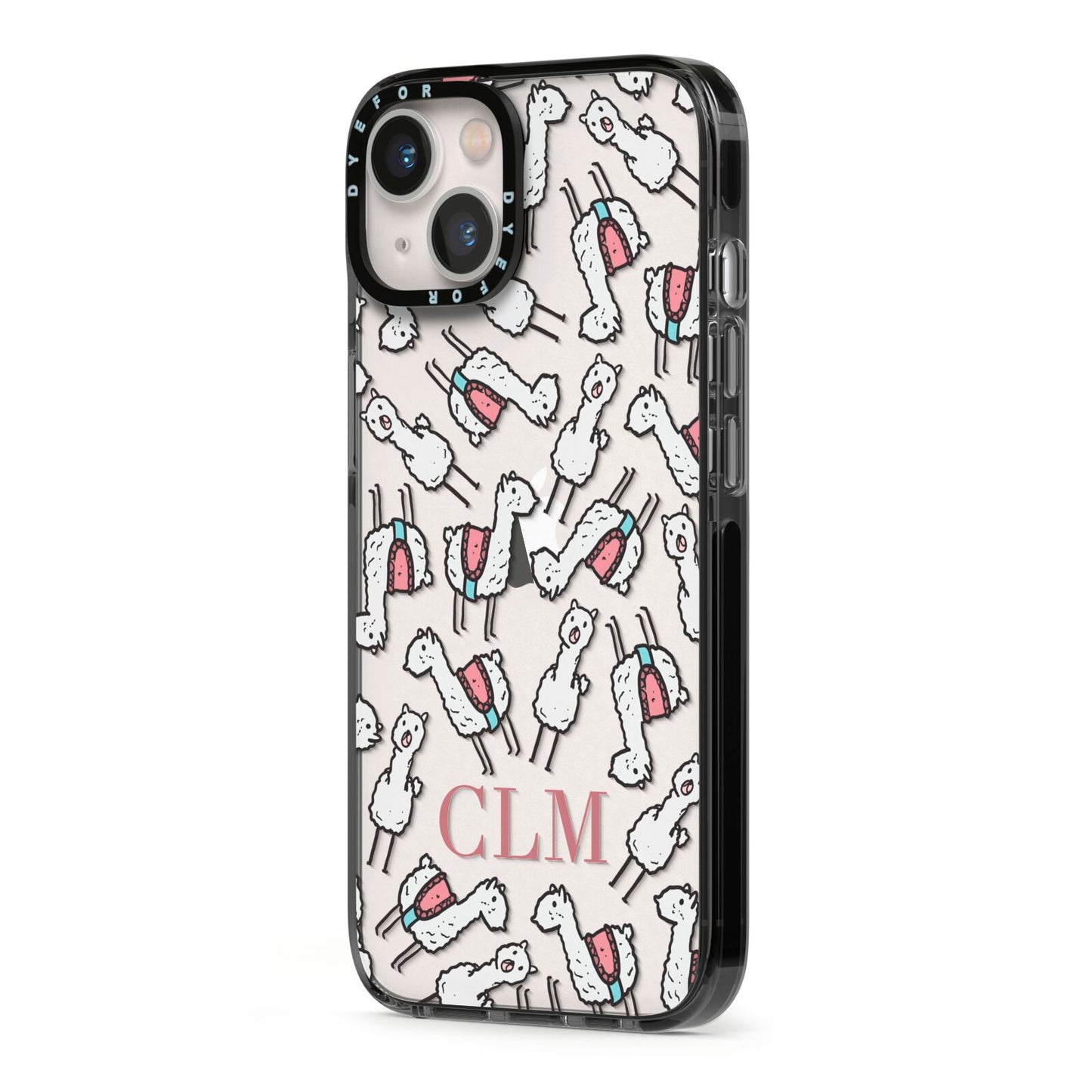Personalised Llama Initials Monogram iPhone 13 Black Impact Case Side Angle on Silver phone