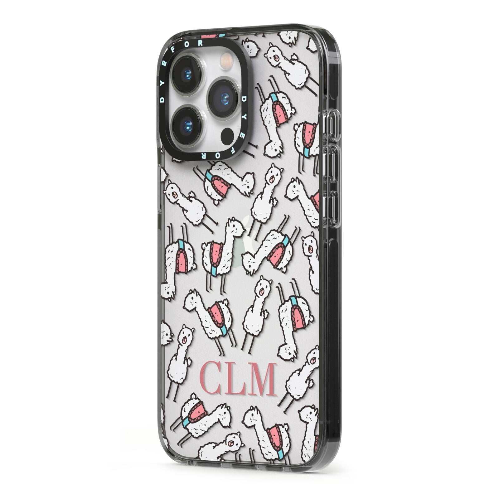 Personalised Llama Initials Monogram iPhone 13 Pro Black Impact Case Side Angle on Silver phone