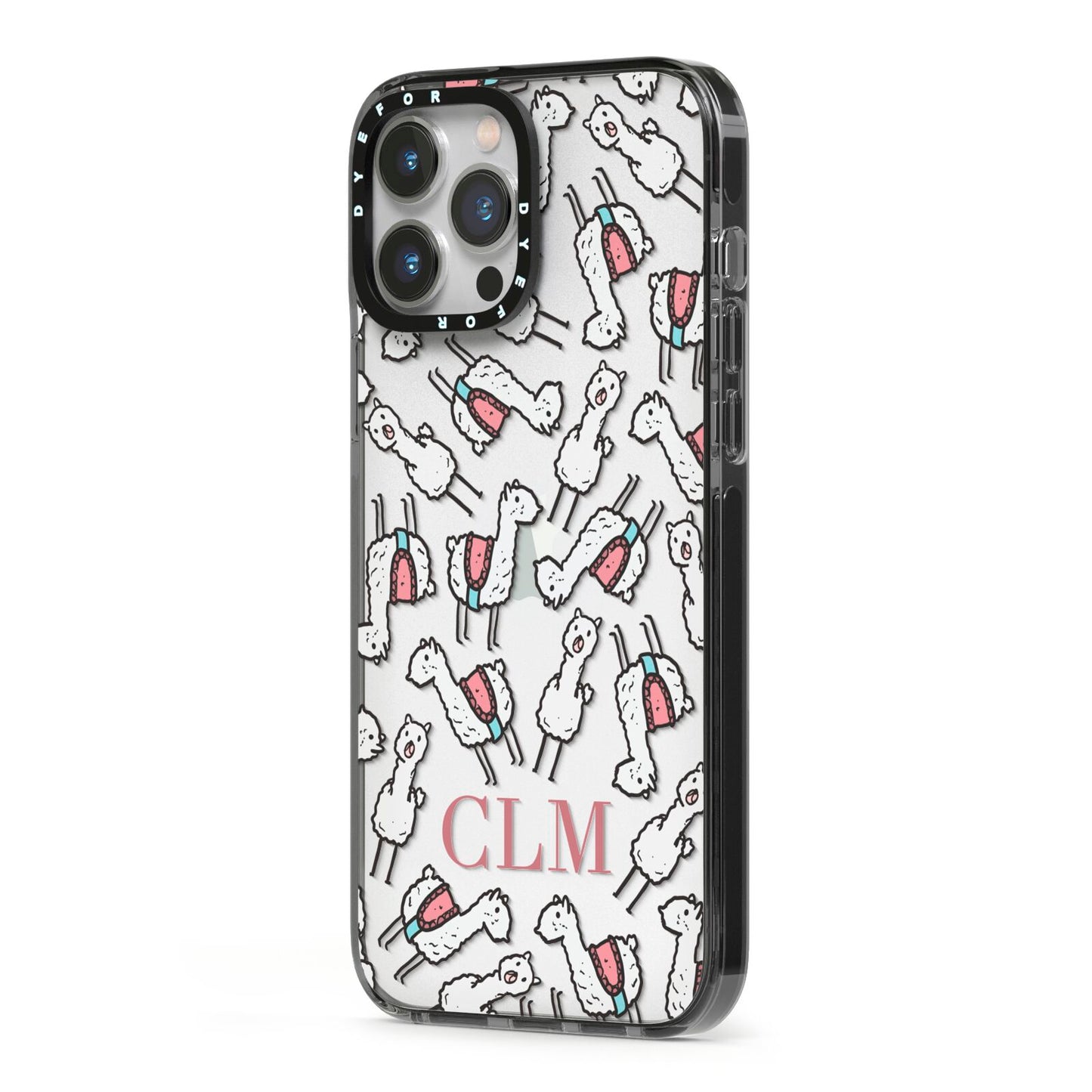 Personalised Llama Initials Monogram iPhone 13 Pro Max Black Impact Case Side Angle on Silver phone