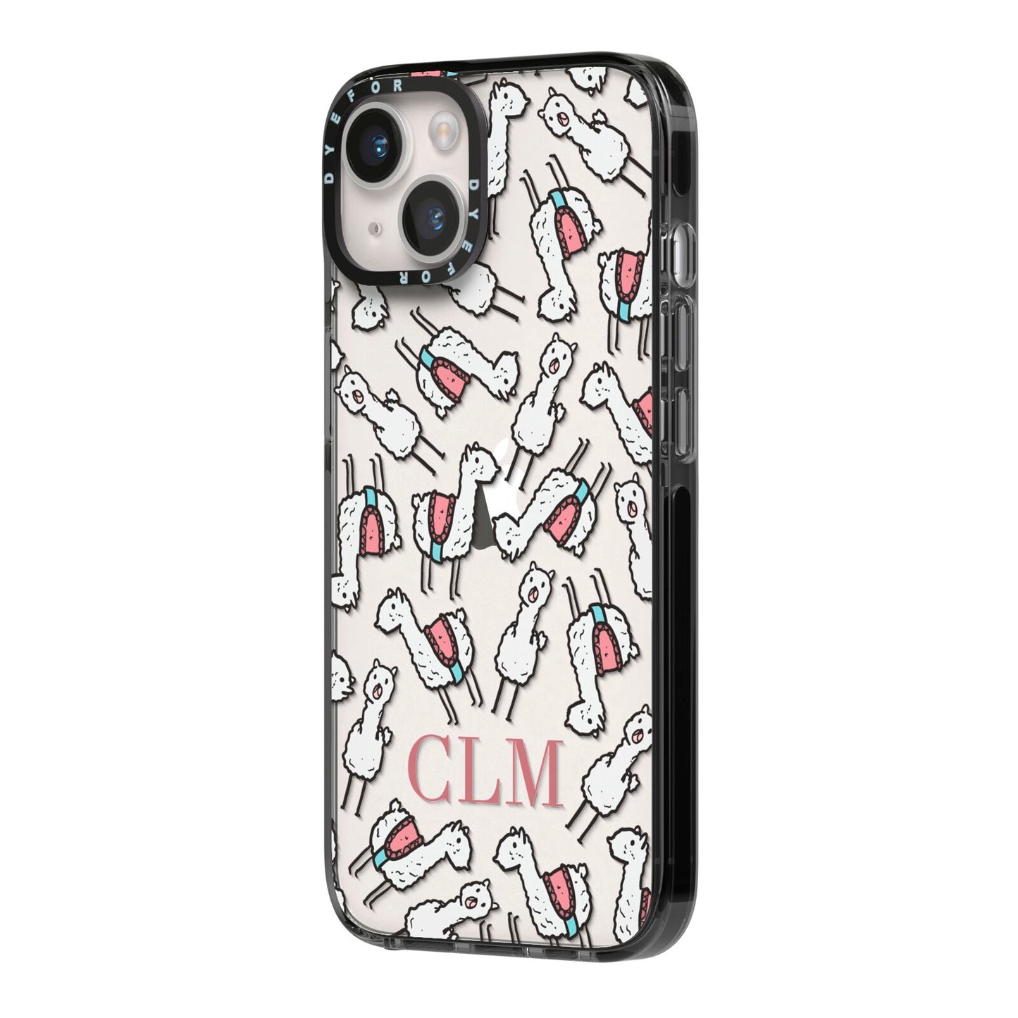 Personalised Llama Initials Monogram iPhone 14 Black Impact Case Side Angle on Silver phone