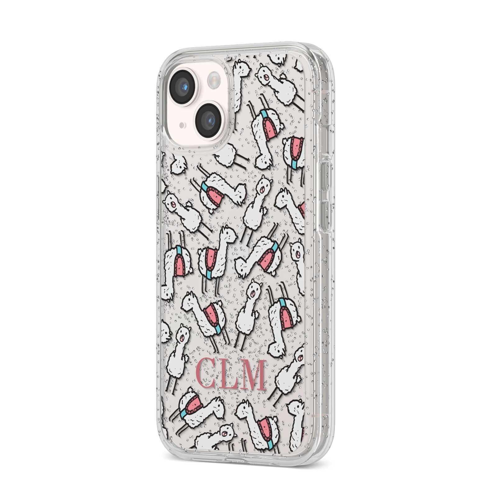 Personalised Llama Initials Monogram iPhone 14 Glitter Tough Case Starlight Angled Image