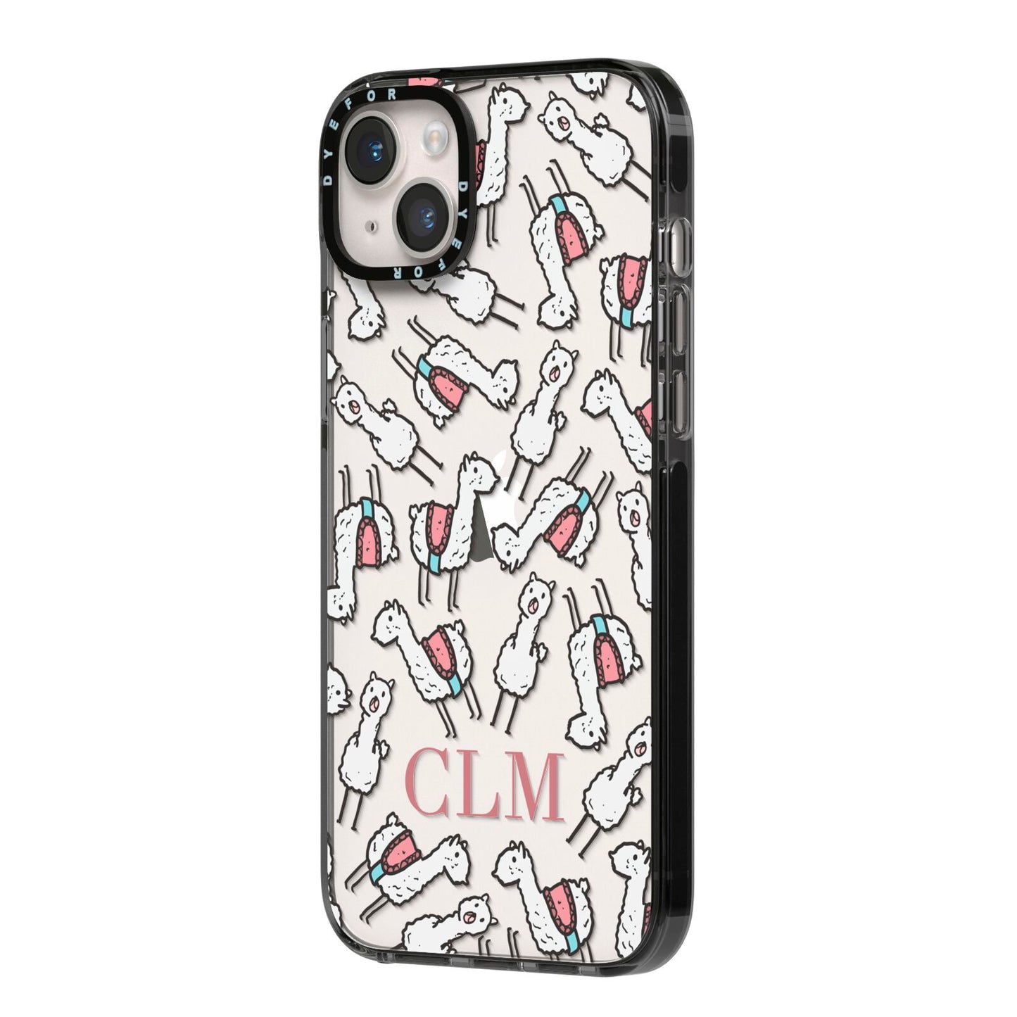 Personalised Llama Initials Monogram iPhone 14 Plus Black Impact Case Side Angle on Silver phone