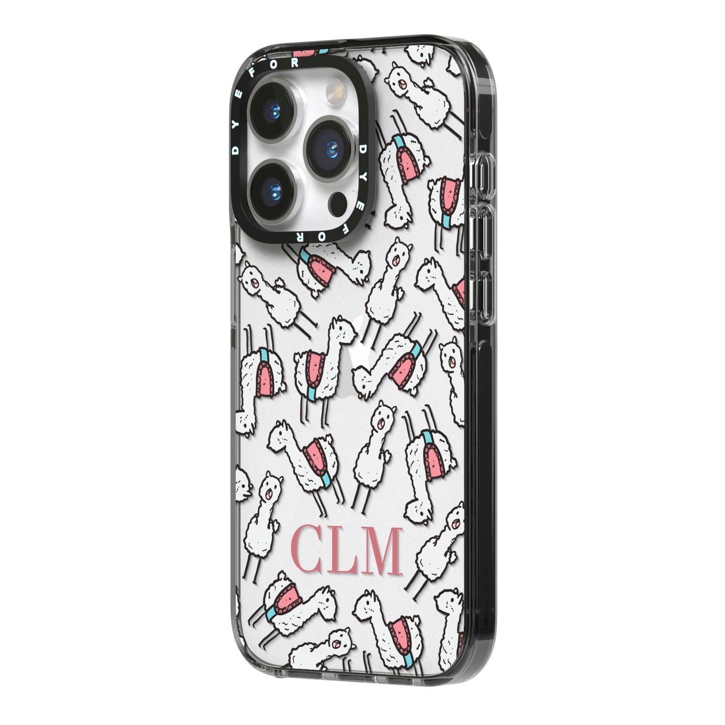 Personalised Llama Initials Monogram iPhone 14 Pro Black Impact Case Side Angle on Silver phone