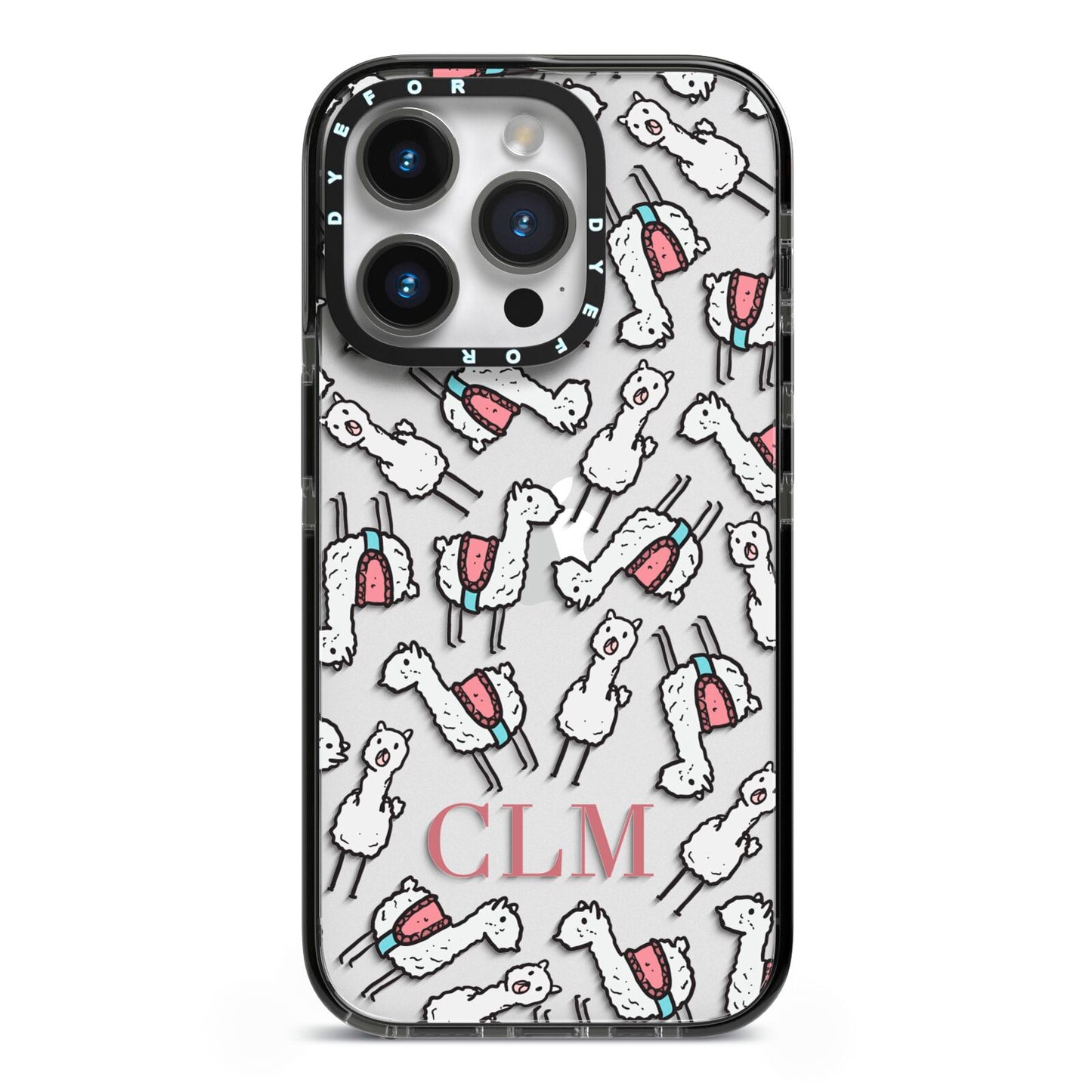 Personalised Llama Initials Monogram iPhone 14 Pro Black Impact Case on Silver phone