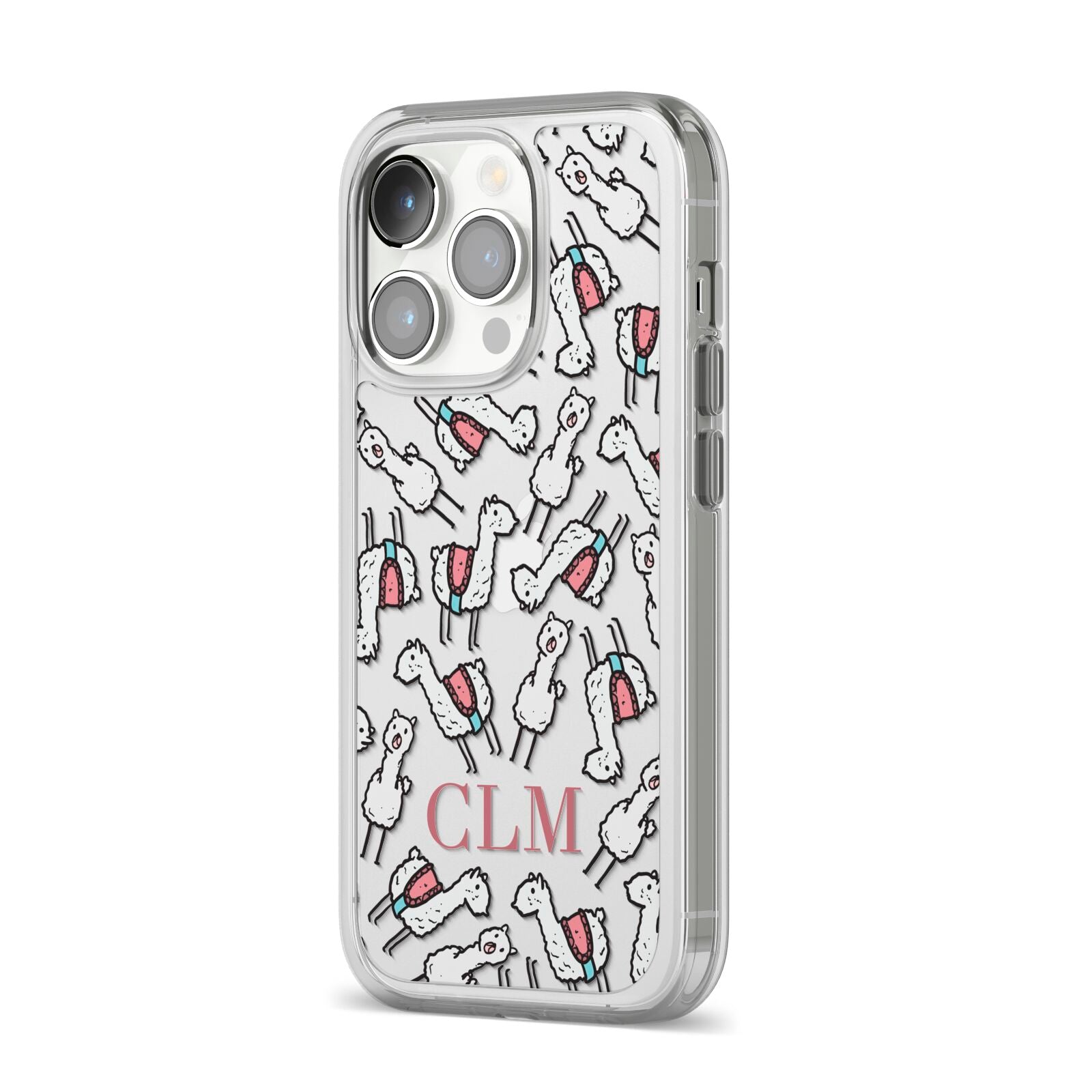 Personalised Llama Initials Monogram iPhone 14 Pro Clear Tough Case Silver Angled Image
