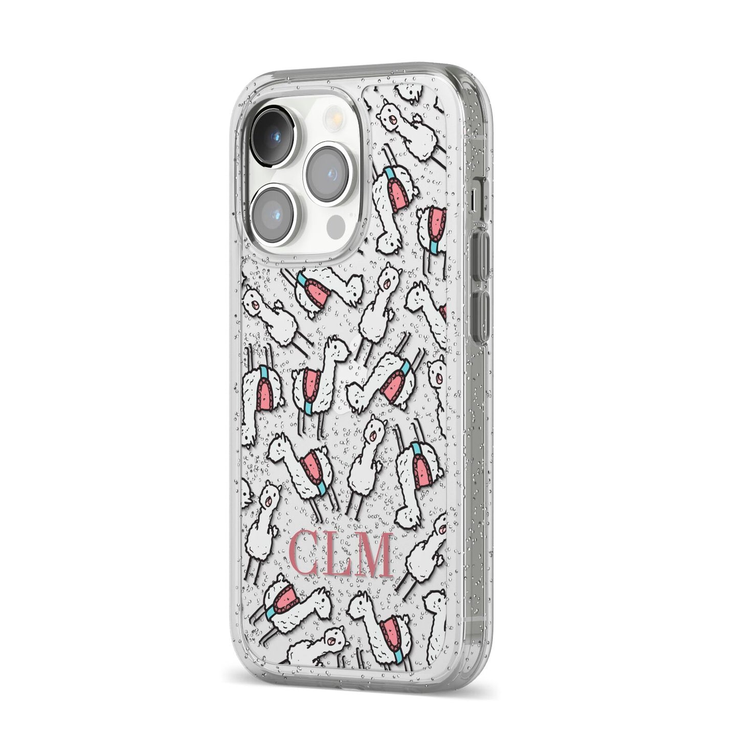 Personalised Llama Initials Monogram iPhone 14 Pro Glitter Tough Case Silver Angled Image