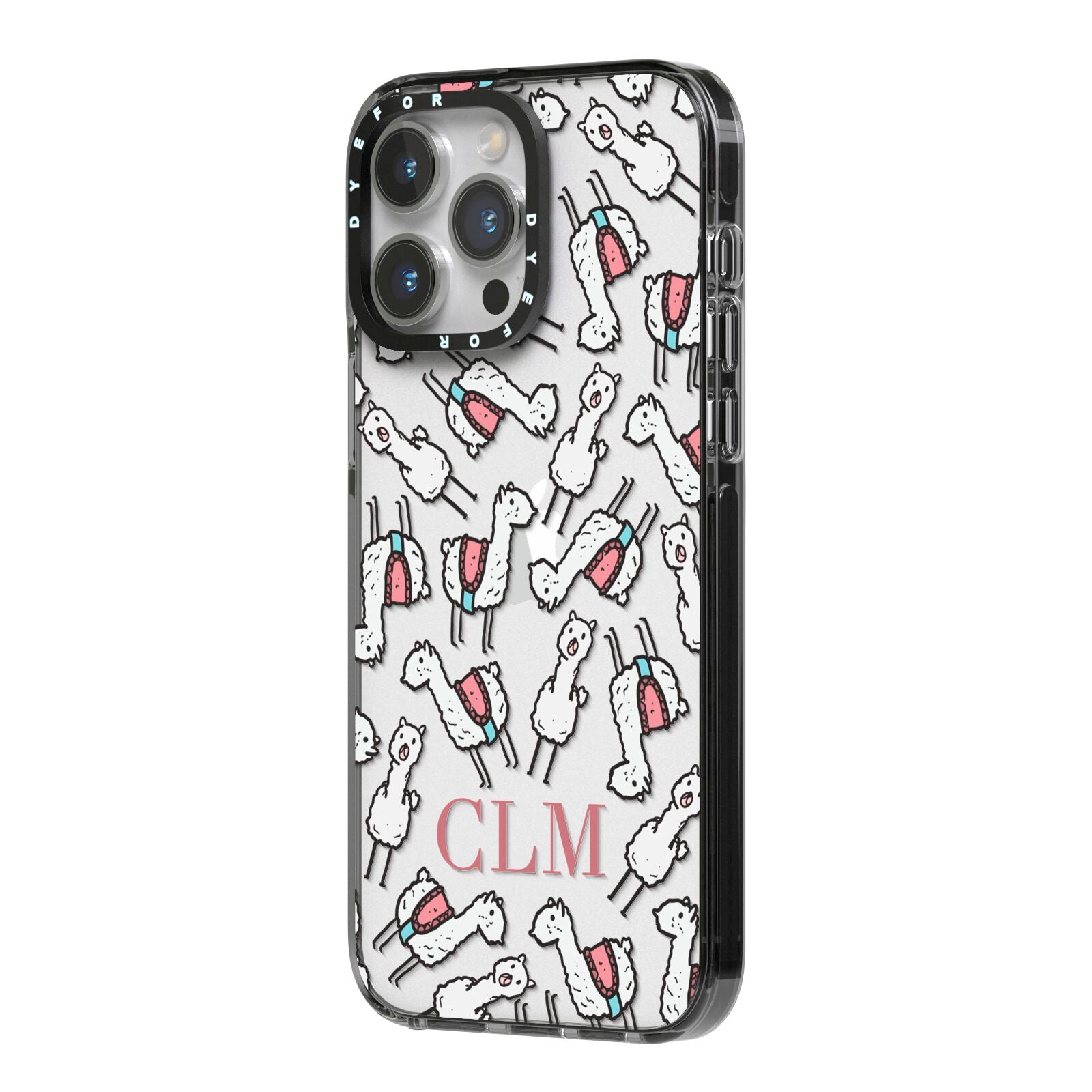 Personalised Llama Initials Monogram iPhone 14 Pro Max Black Impact Case Side Angle on Silver phone