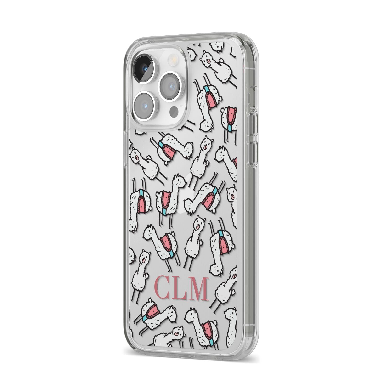 Personalised Llama Initials Monogram iPhone 14 Pro Max Clear Tough Case Silver Angled Image