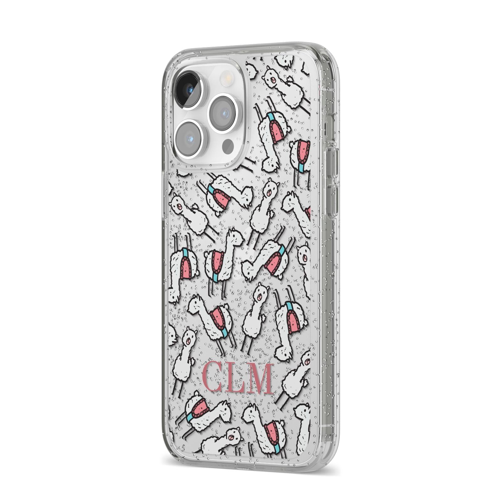 Personalised Llama Initials Monogram iPhone 14 Pro Max Glitter Tough Case Silver Angled Image
