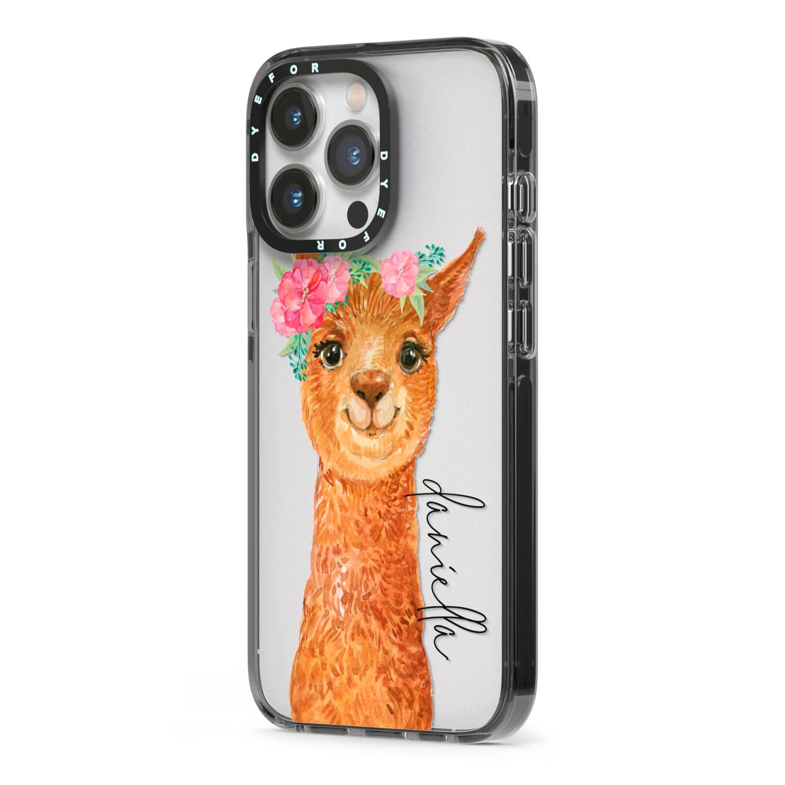 Personalised Llama iPhone 13 Pro Black Impact Case Side Angle on Silver phone