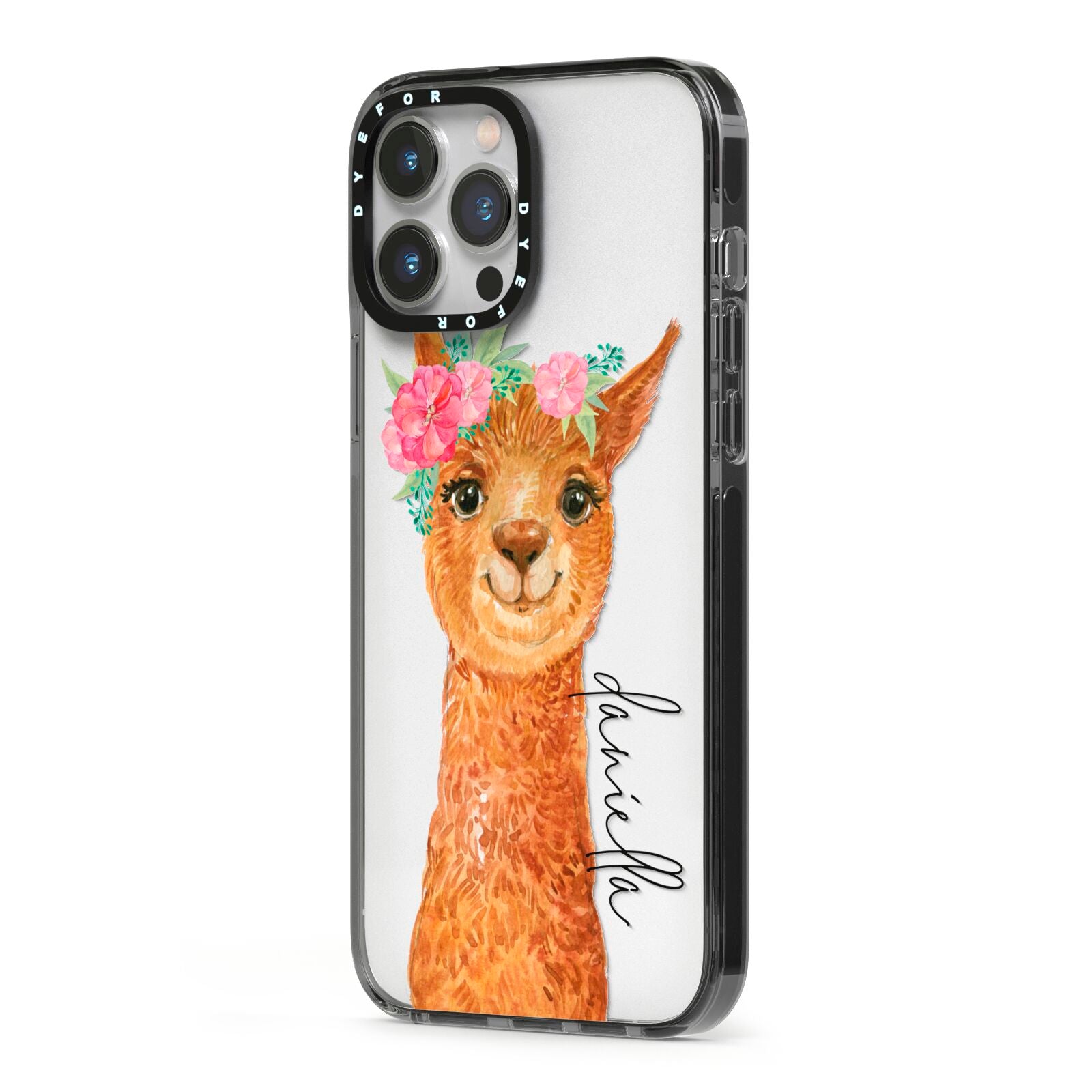 Personalised Llama iPhone 13 Pro Max Black Impact Case Side Angle on Silver phone