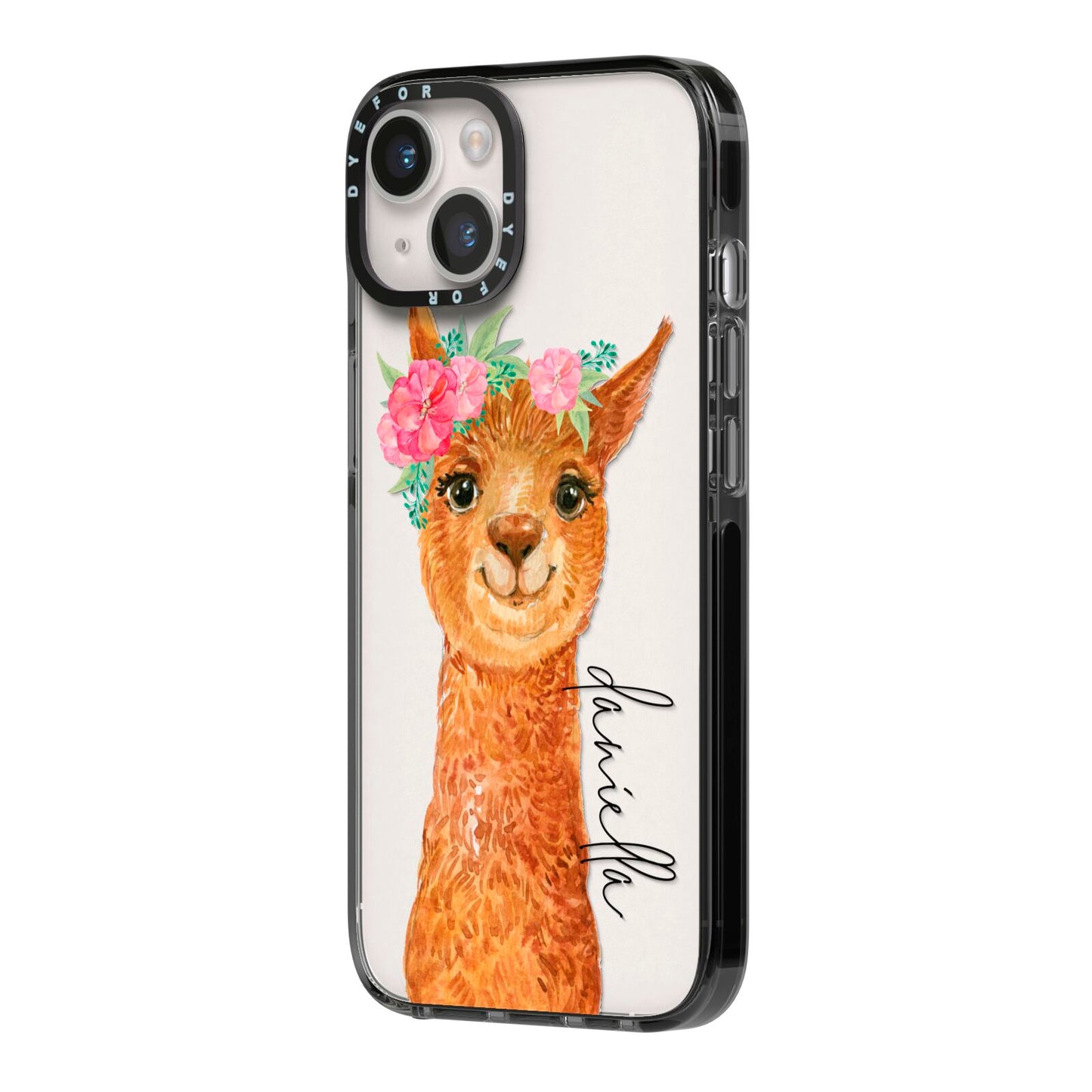Personalised Llama iPhone 14 Black Impact Case Side Angle on Silver phone