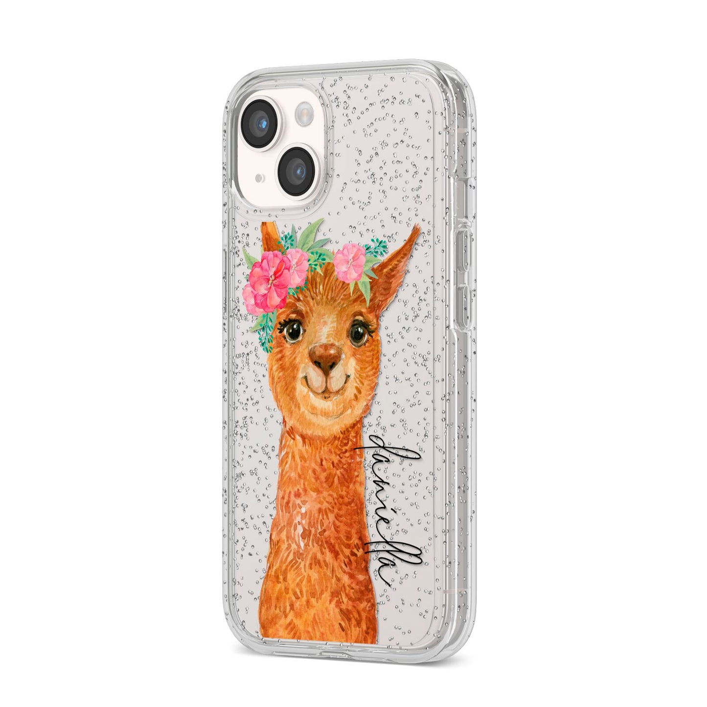 Personalised Llama iPhone 14 Glitter Tough Case Starlight Angled Image