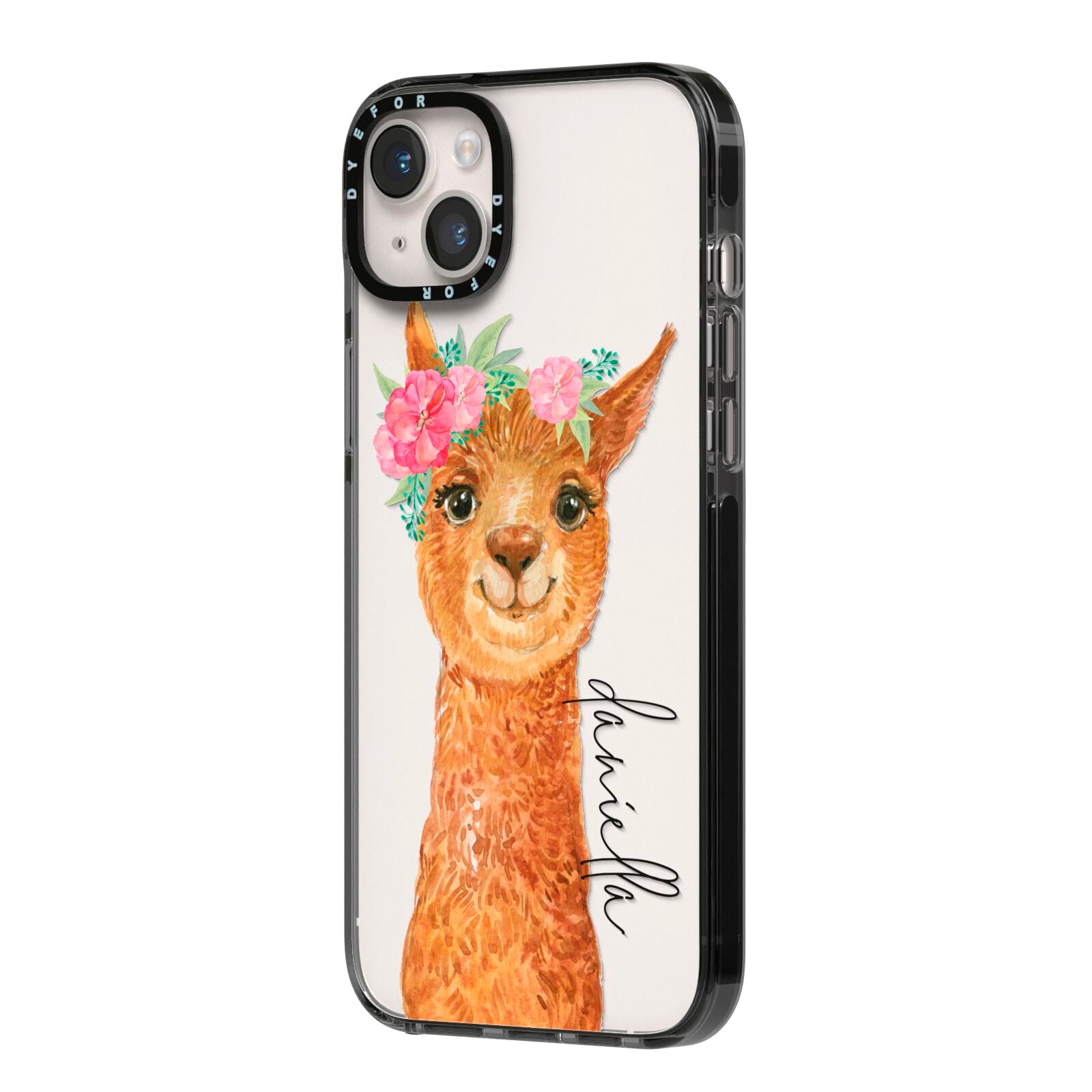 Personalised Llama iPhone 14 Plus Black Impact Case Side Angle on Silver phone