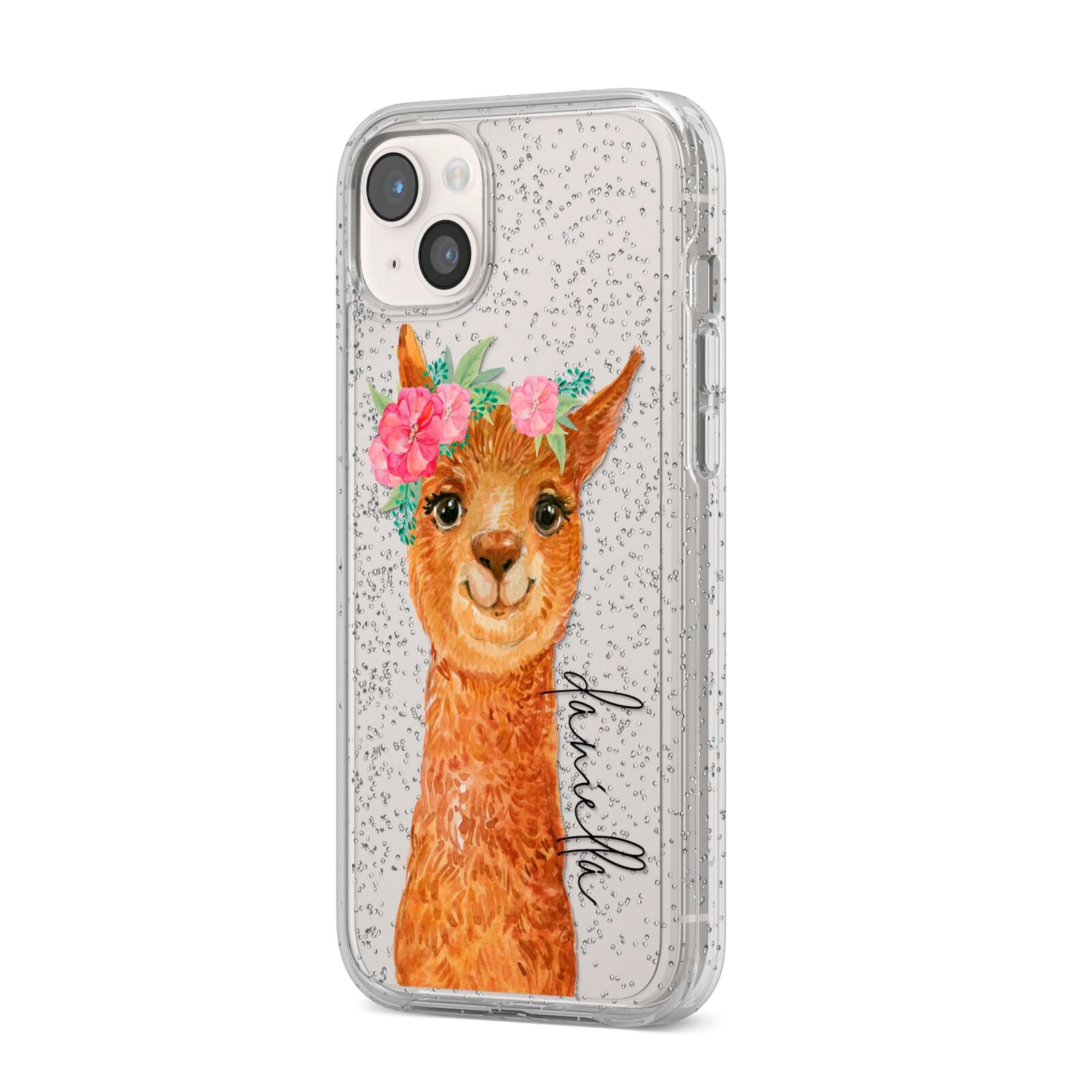 Personalised Llama iPhone 14 Plus Glitter Tough Case Starlight Angled Image