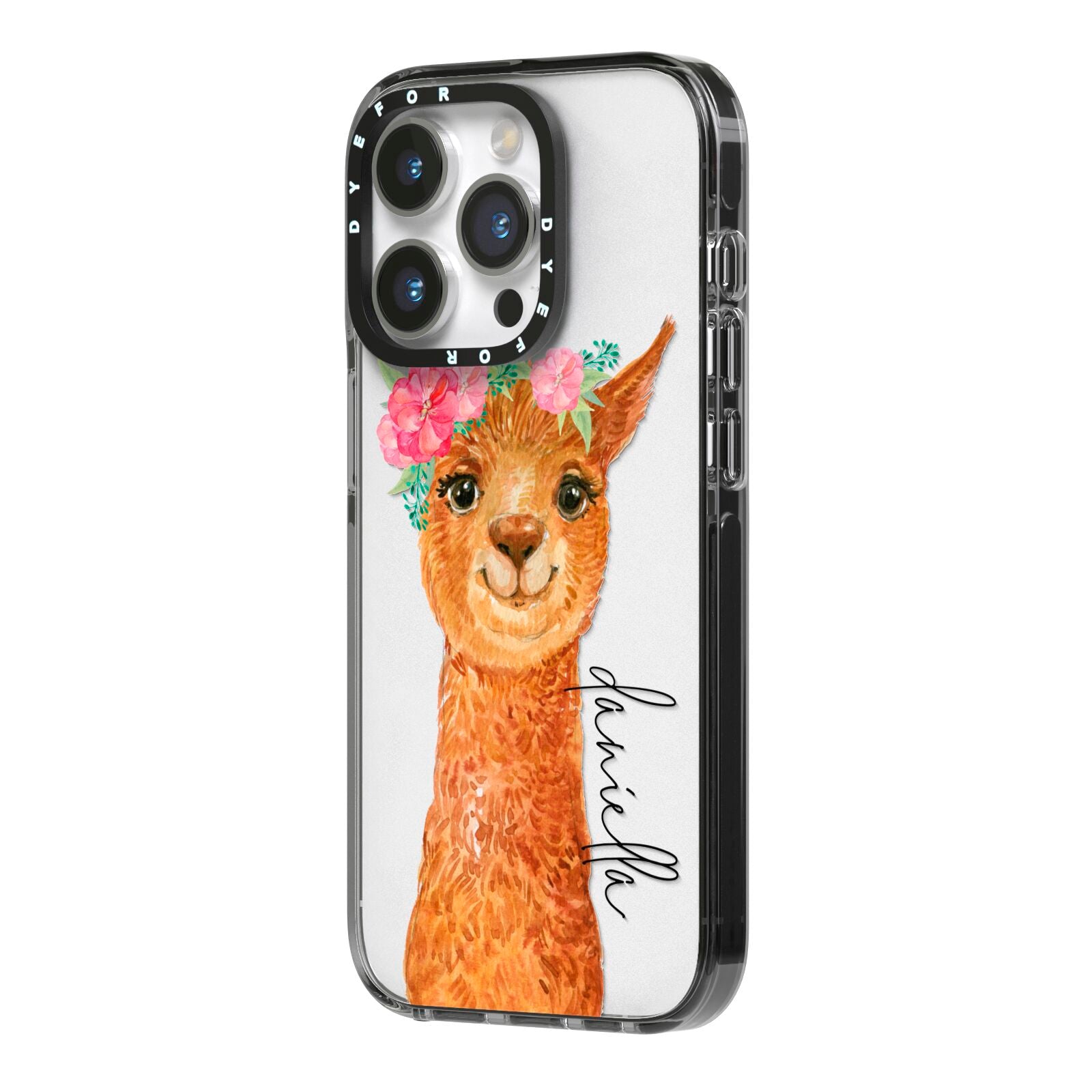 Personalised Llama iPhone 14 Pro Black Impact Case Side Angle on Silver phone