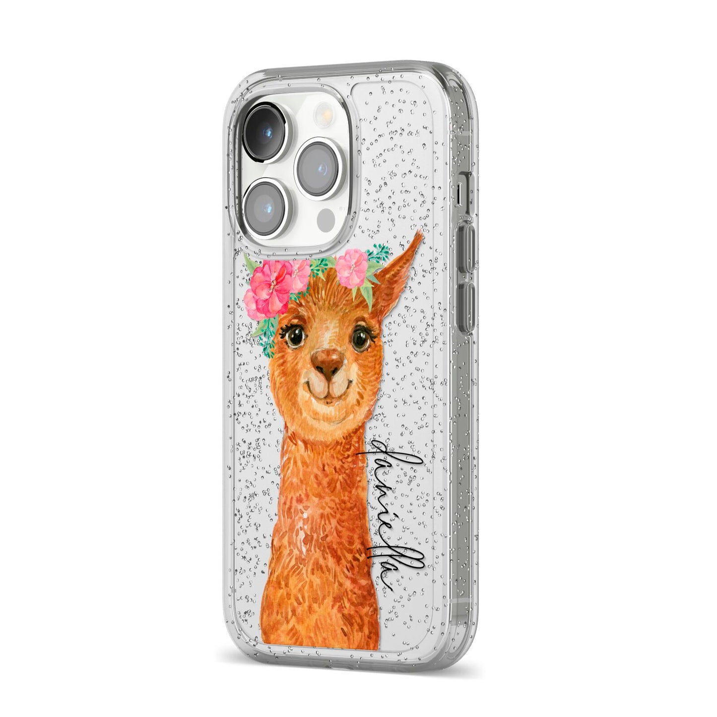 Personalised Llama iPhone 14 Pro Glitter Tough Case Silver Angled Image