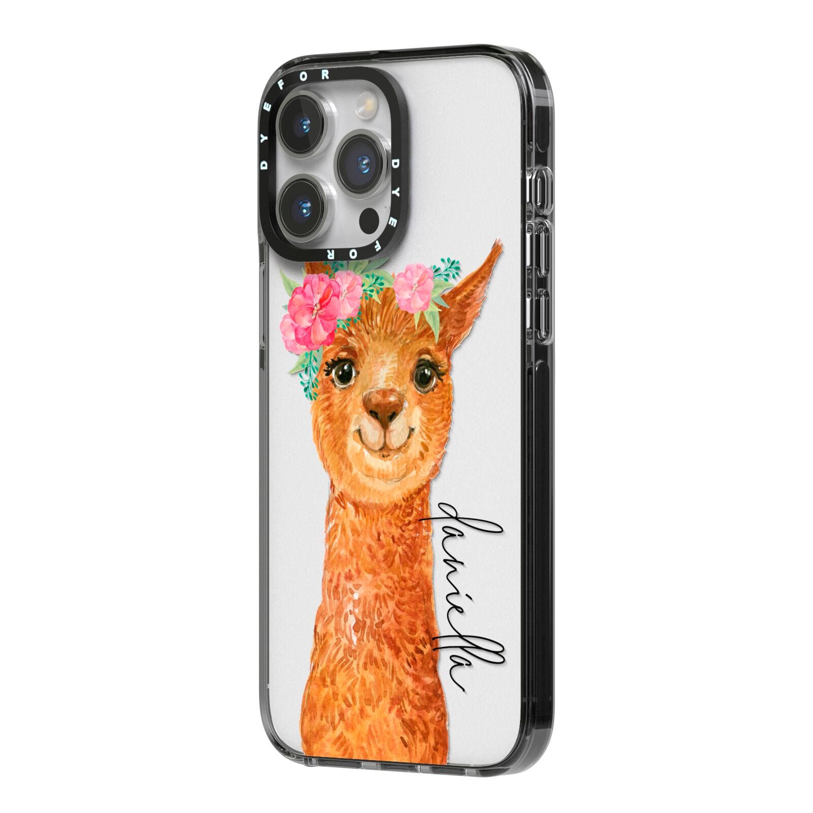 Personalised Llama iPhone 14 Pro Max Black Impact Case Side Angle on Silver phone