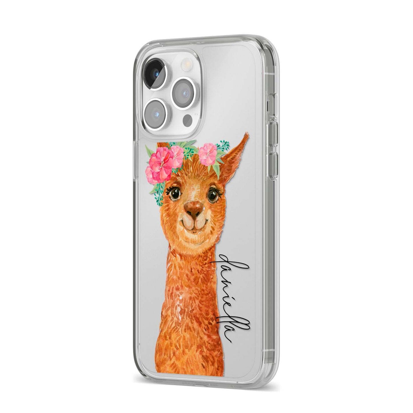 Personalised Llama iPhone 14 Pro Max Clear Tough Case Silver Angled Image