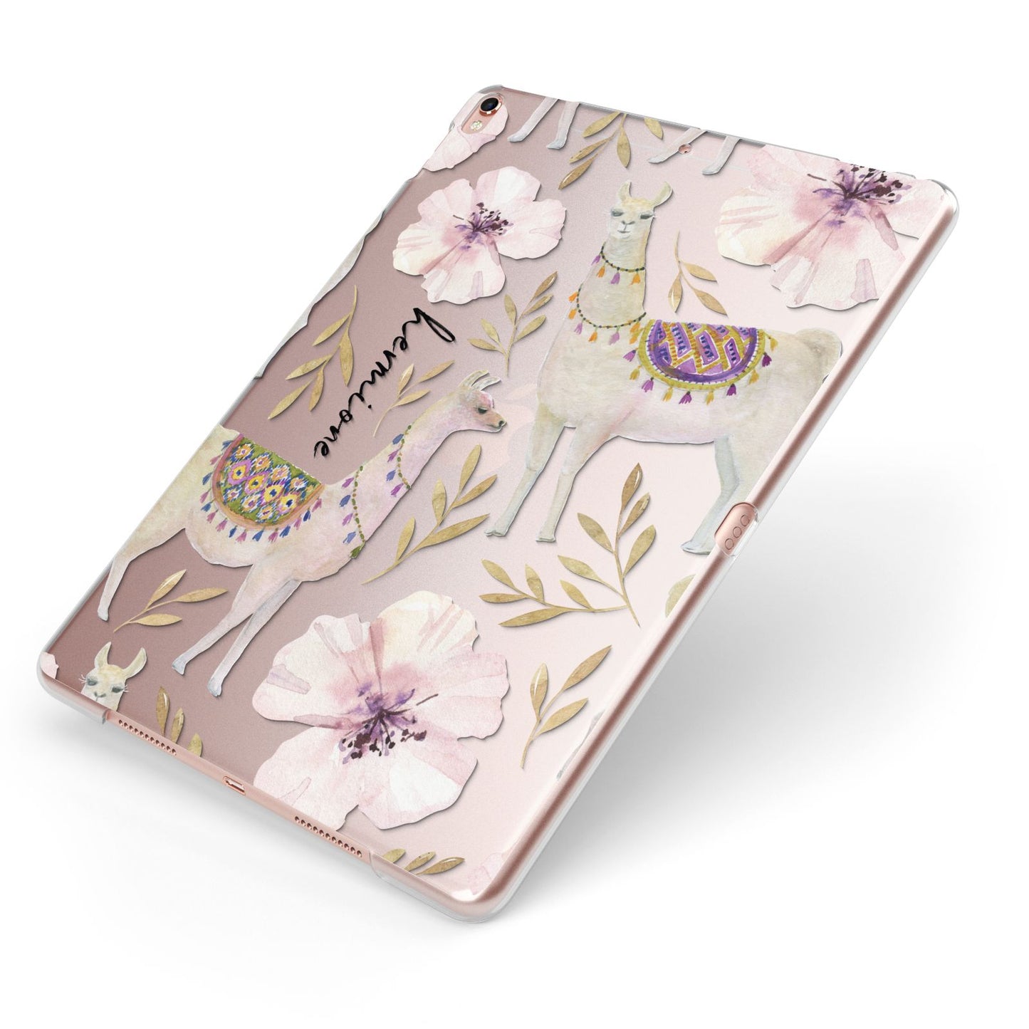 Personalised Llamas Apple iPad Case on Rose Gold iPad Side View