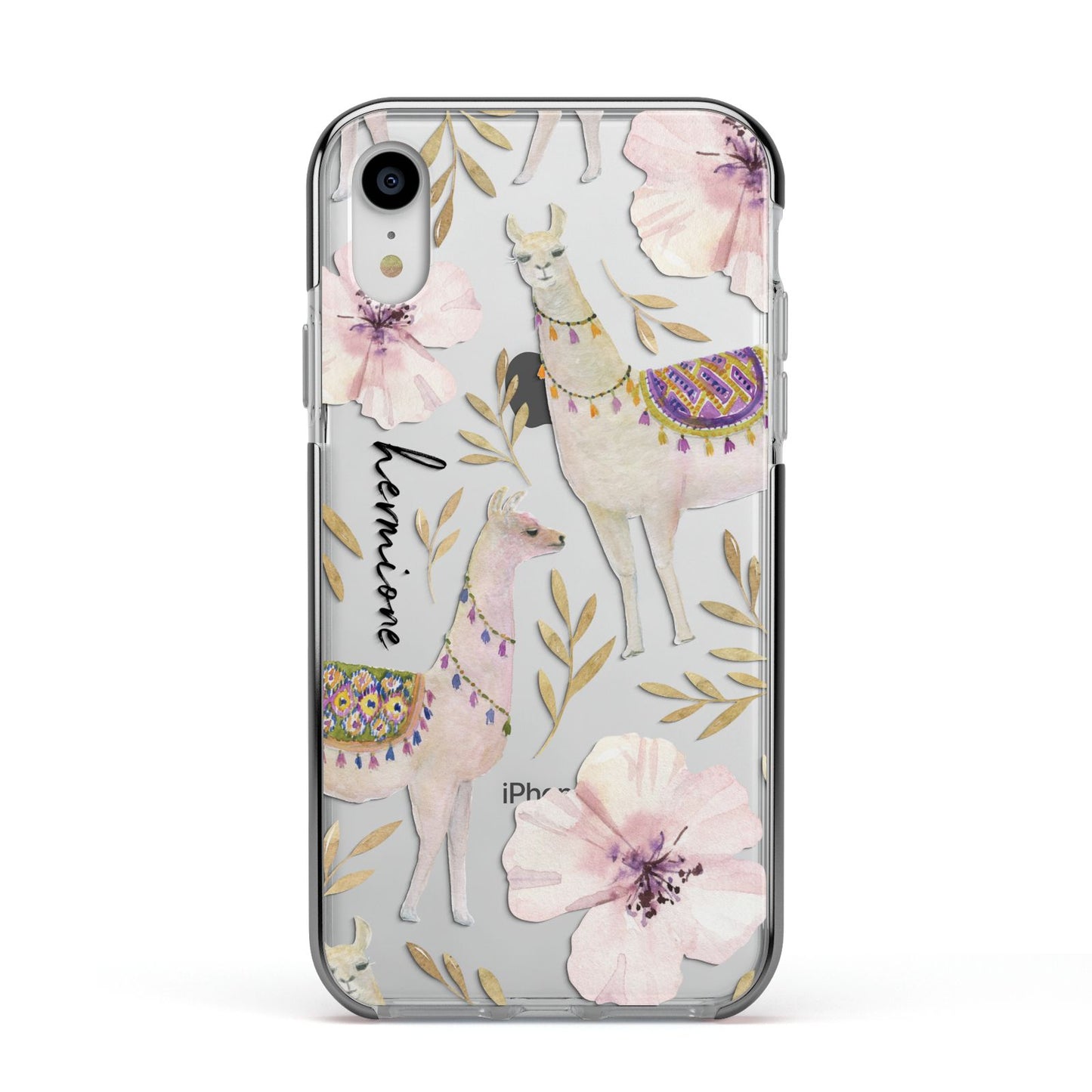 Personalised Llamas Apple iPhone XR Impact Case Black Edge on Silver Phone