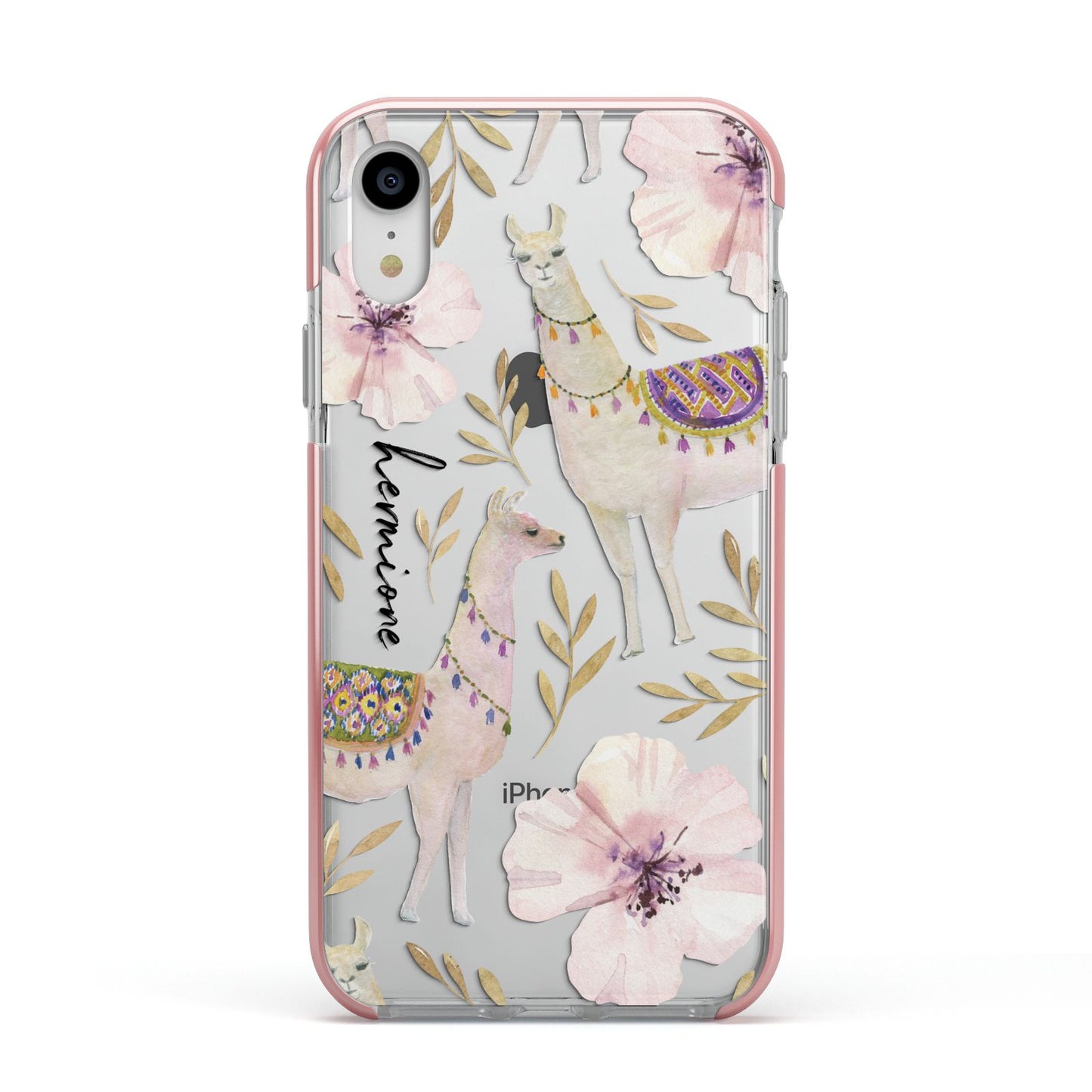 Personalised Llamas Apple iPhone XR Impact Case Pink Edge on Silver Phone