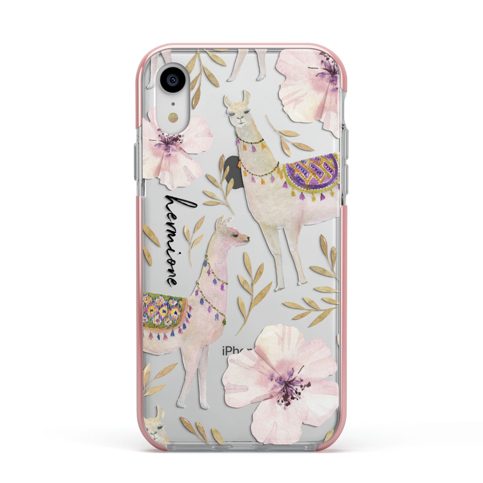 Personalised Llamas Apple iPhone XR Impact Case Pink Edge on Silver Phone