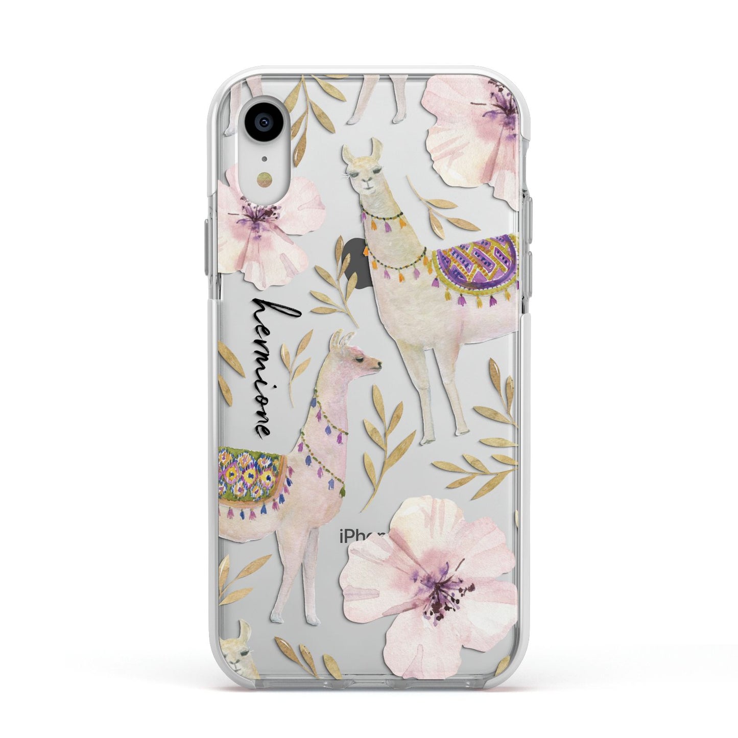 Personalised Llamas Apple iPhone XR Impact Case White Edge on Silver Phone