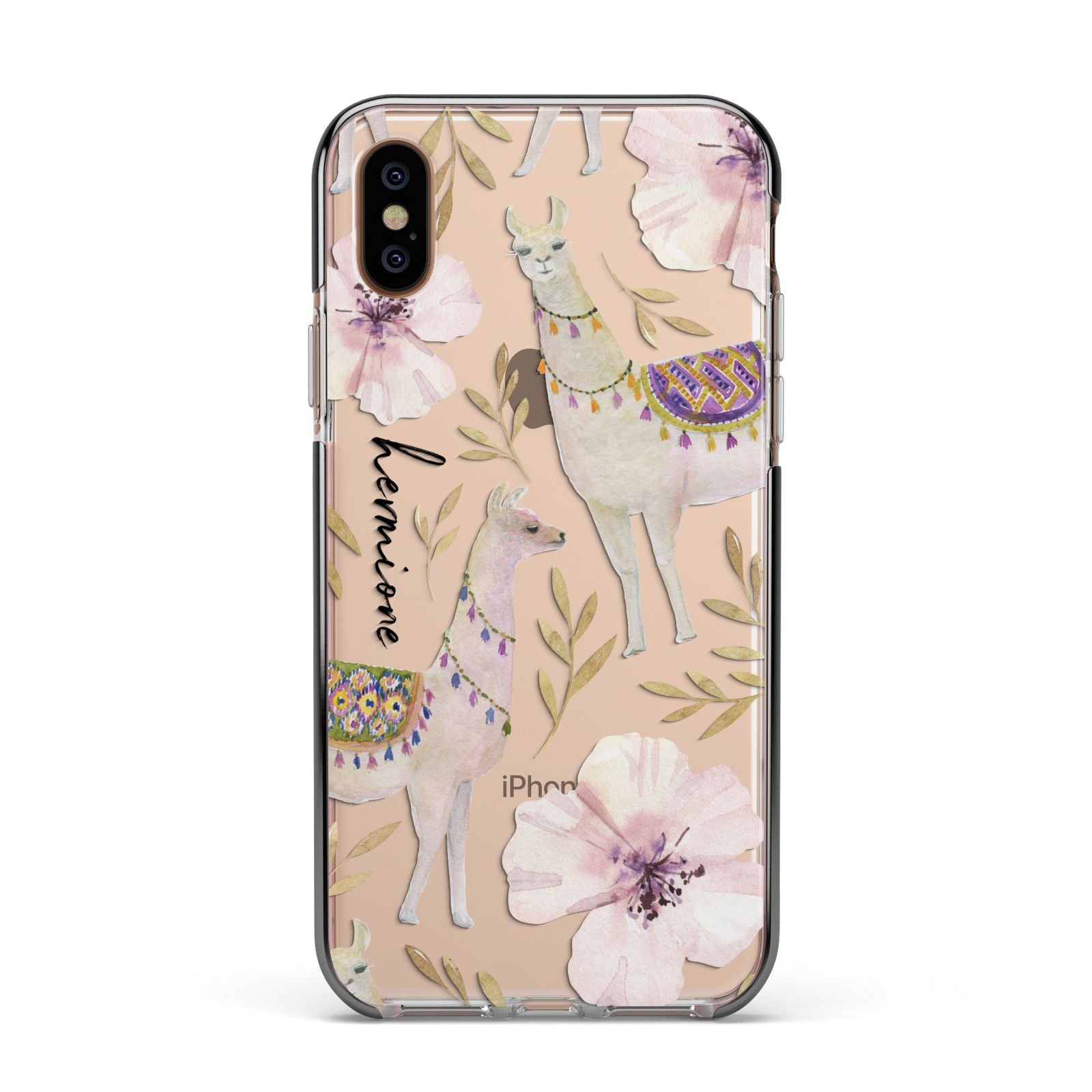 Personalised Llamas Apple iPhone Xs Impact Case Black Edge on Gold Phone