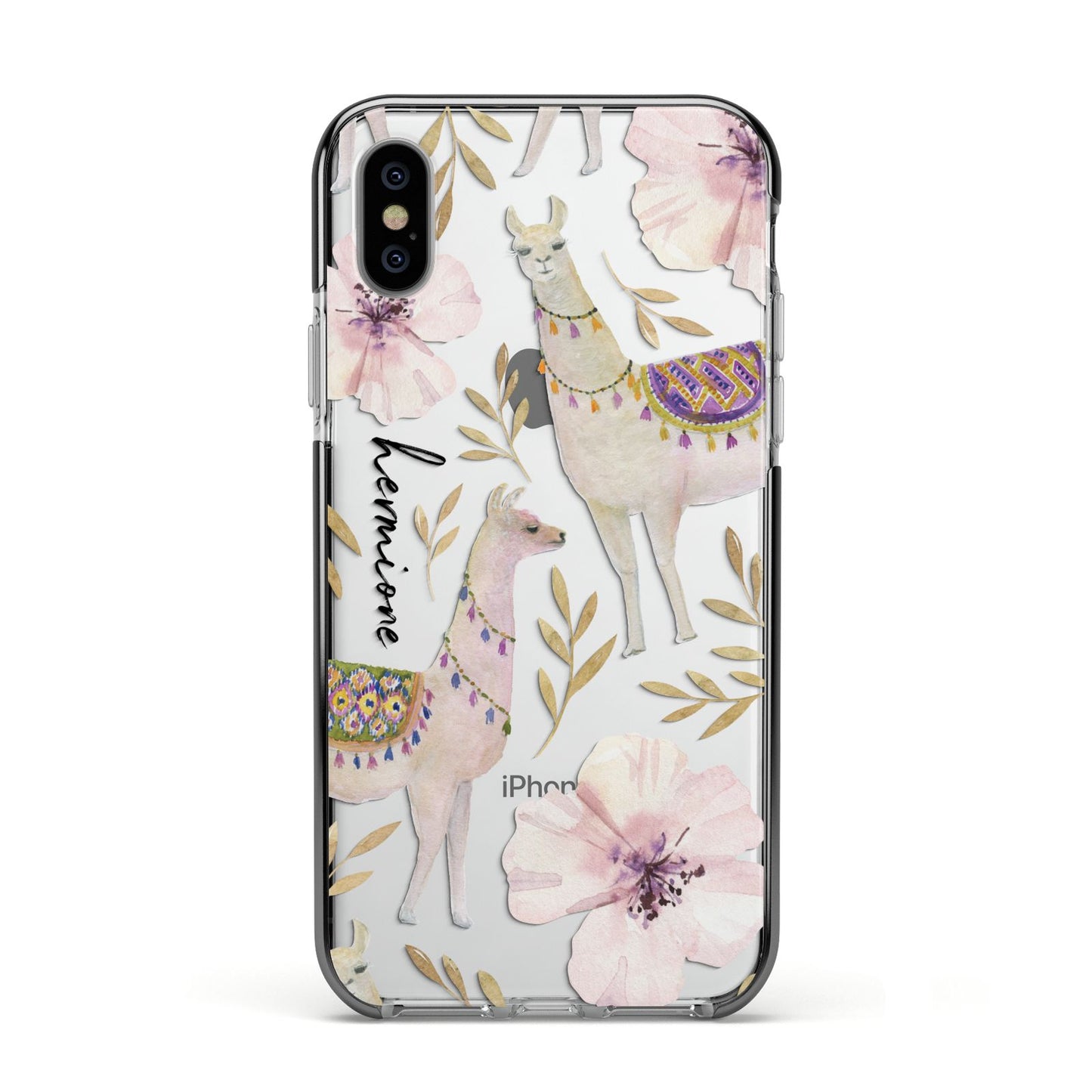Personalised Llamas Apple iPhone Xs Impact Case Black Edge on Silver Phone