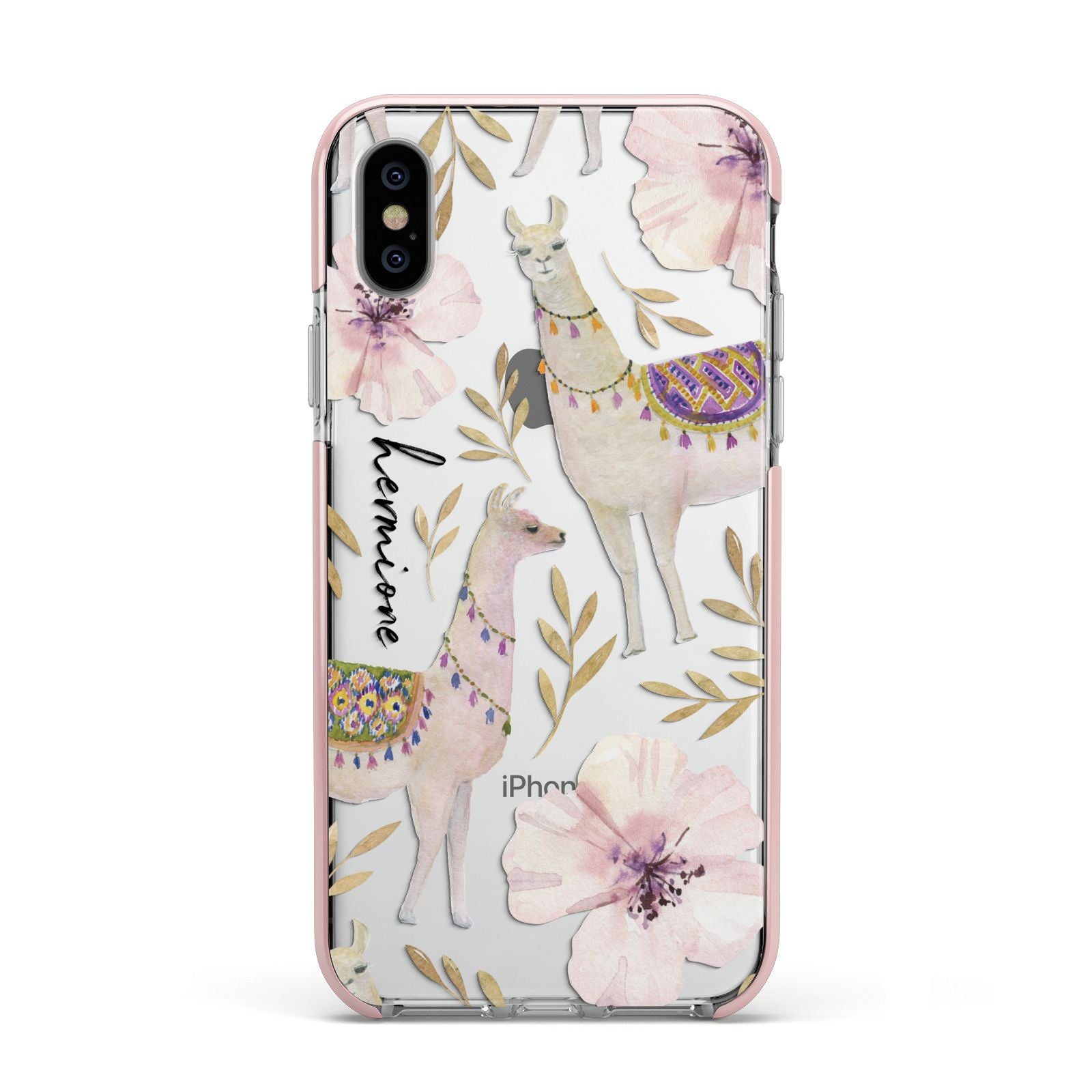 Personalised Llamas Apple iPhone Xs Impact Case Pink Edge on Silver Phone