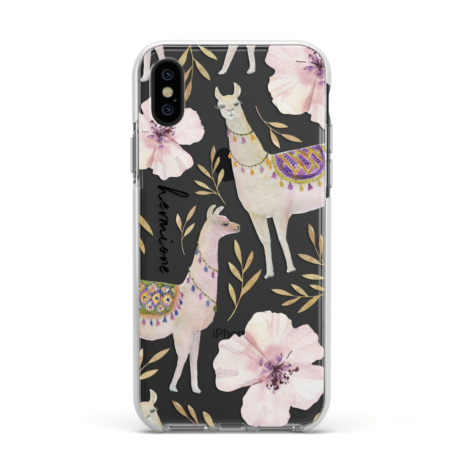 Personalised Llamas Apple iPhone Xs Impact Case White Edge on Black Phone