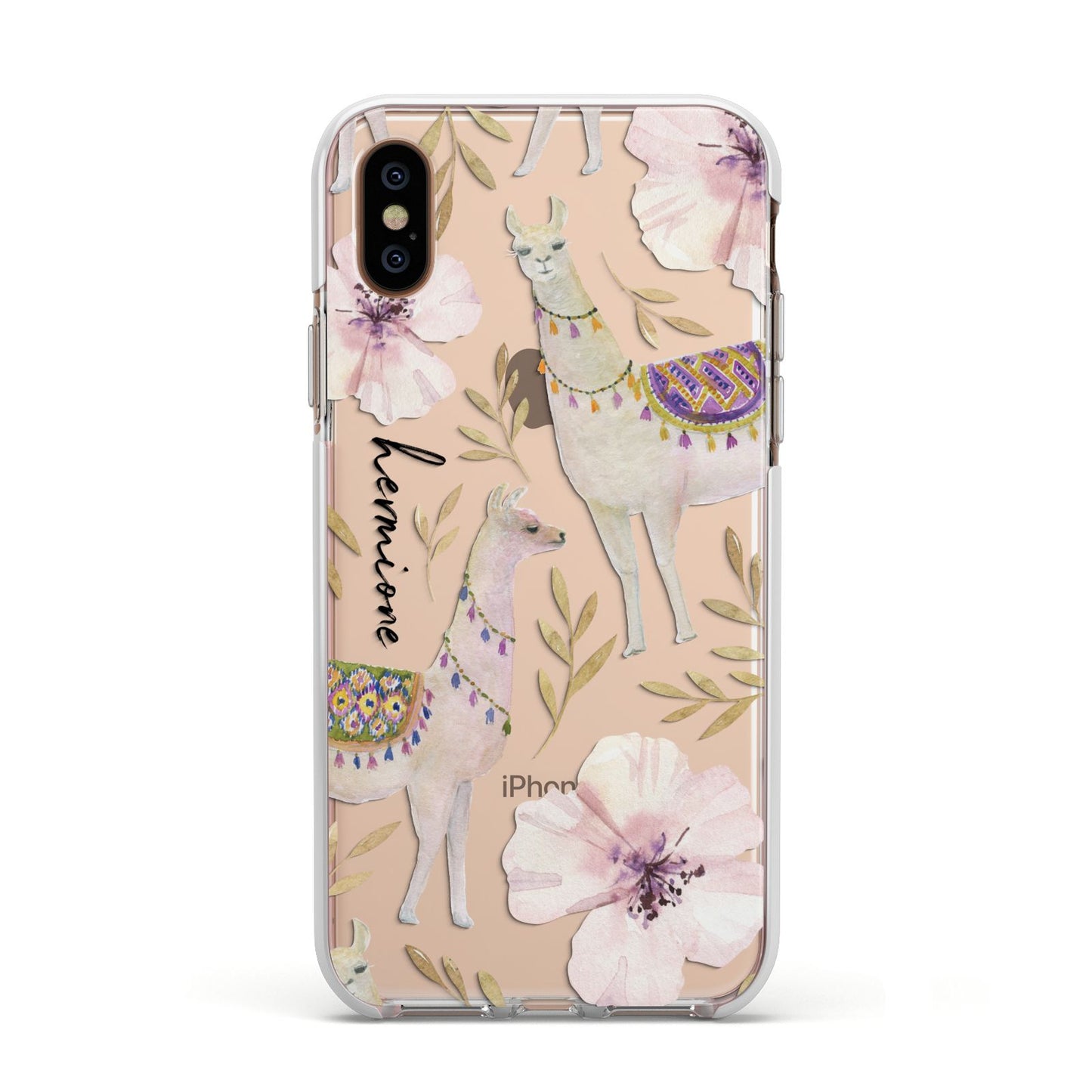 Personalised Llamas Apple iPhone Xs Impact Case White Edge on Gold Phone