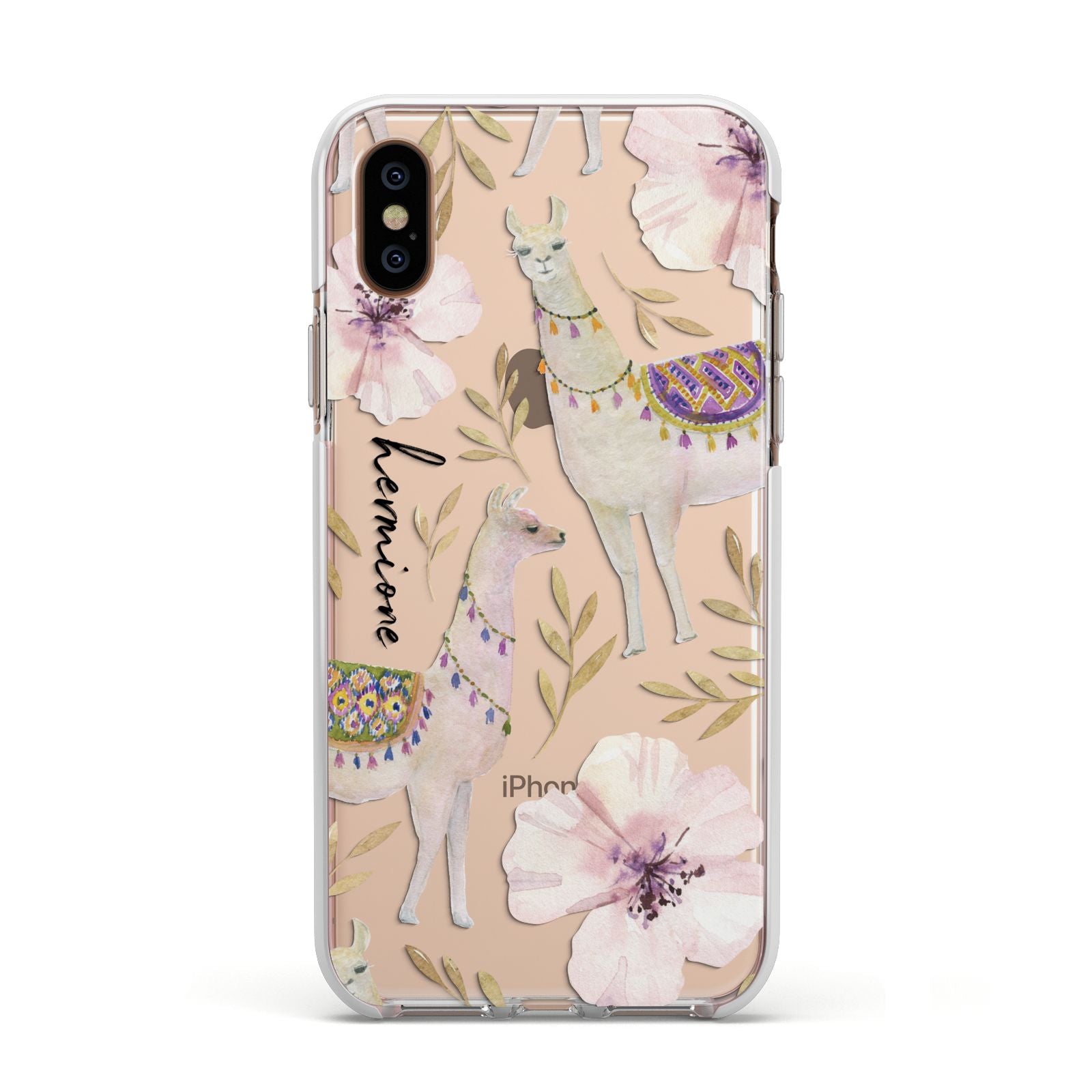 Personalised Llamas Apple iPhone Xs Impact Case White Edge on Gold Phone