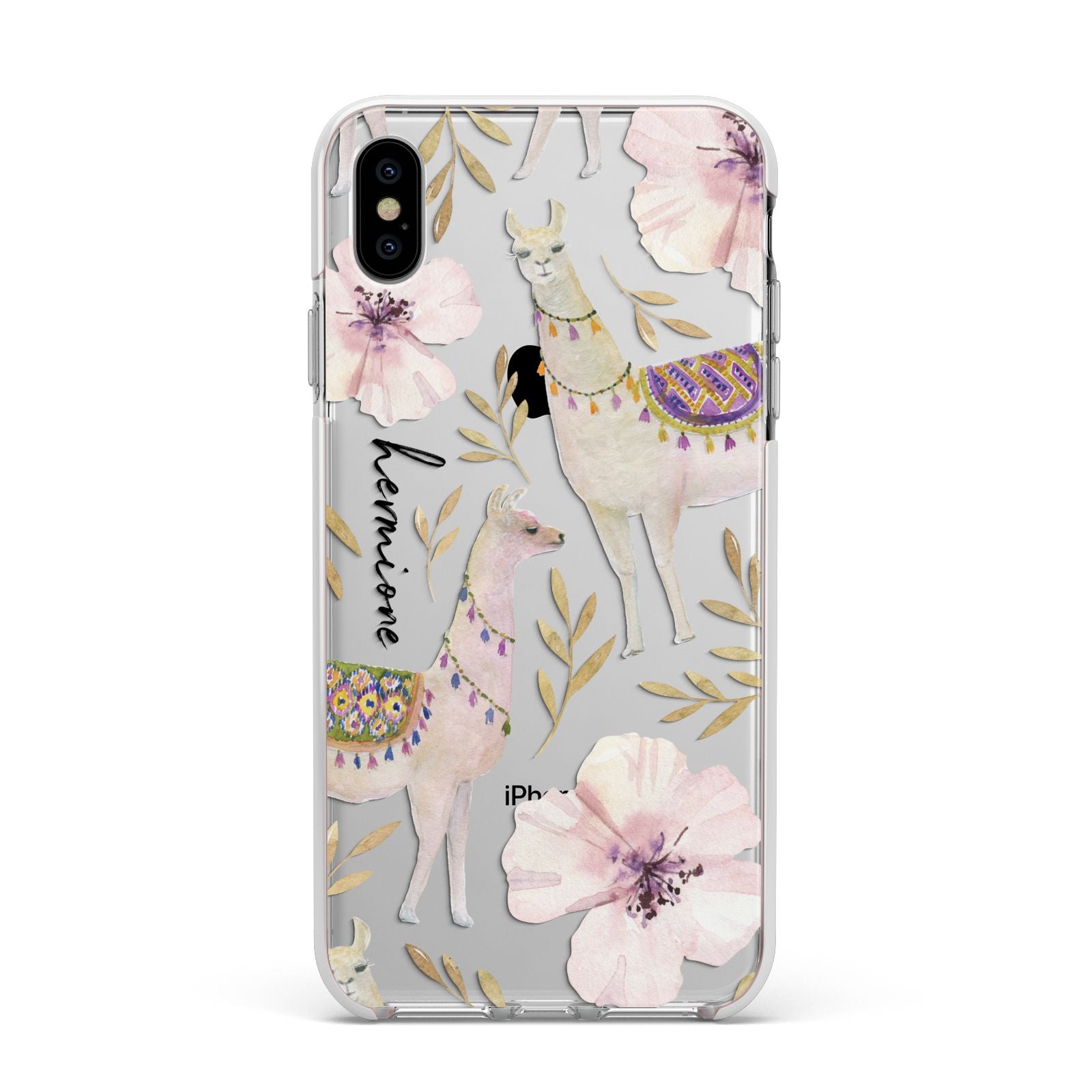 Personalised Llamas Apple iPhone Xs Max Impact Case White Edge on Silver Phone