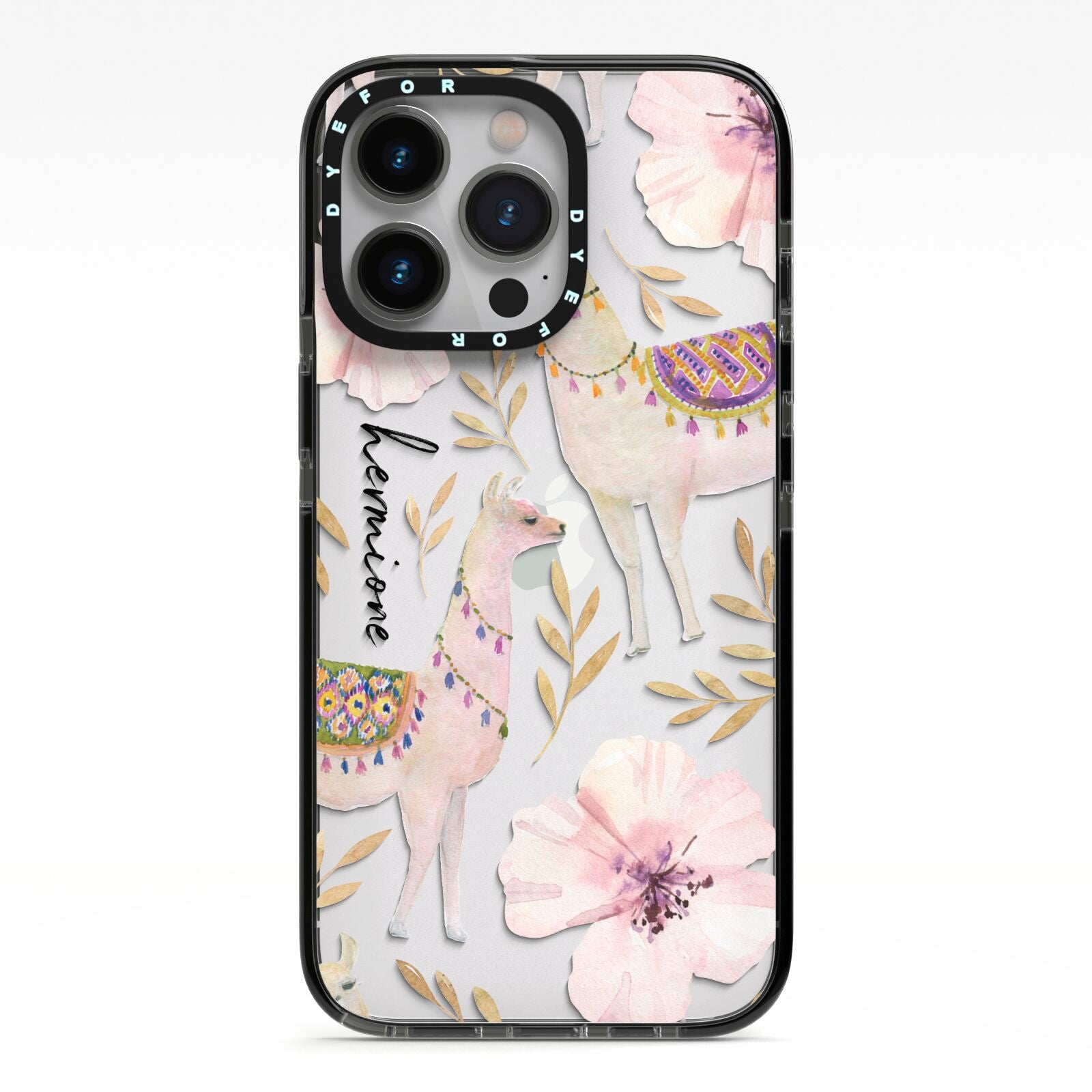 Personalised Llamas iPhone 13 Pro Black Impact Case on Silver phone